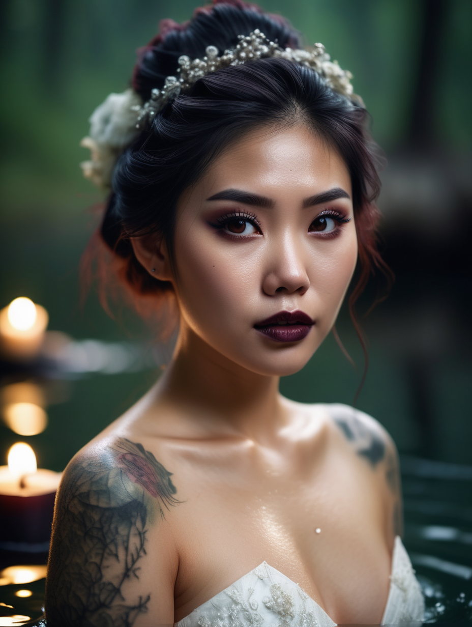 Beautiful Vietnamese woman, body tattoos, dark eye shadow, dark lipstick, hair in a messy updo, wearing a gorgeous wedding dress, bokeh background, soft light on face, swiming chest deep in a lake in front of elaborate candlelit forest wedding, photorealistic, very high detail,  extra wide photo