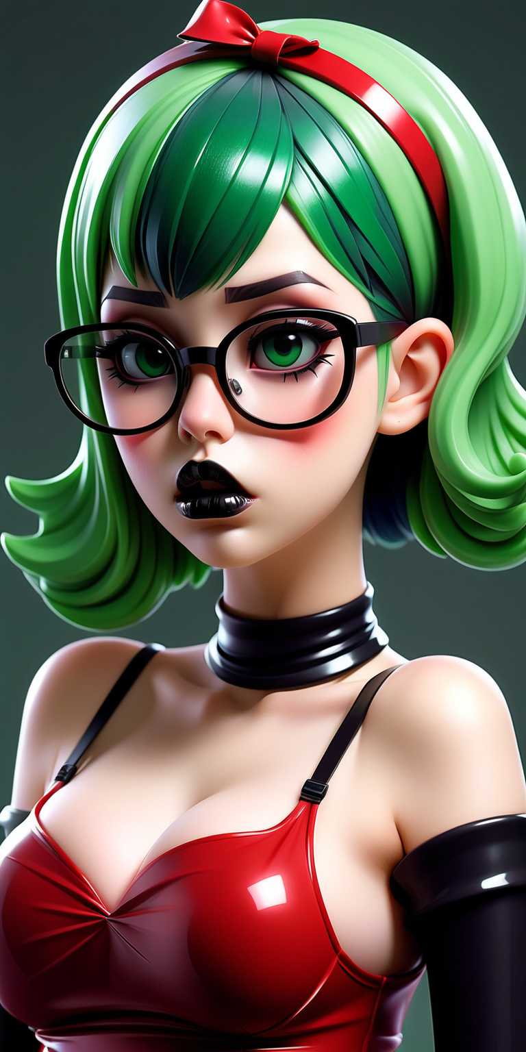Anime Woman with green hair, large lips with dark lipstick and dark heavy makeup, wearing glasses, wearing a hair band wearing a shiny red latex dress, vacant expression, tiny waist, wide hips, large breasts