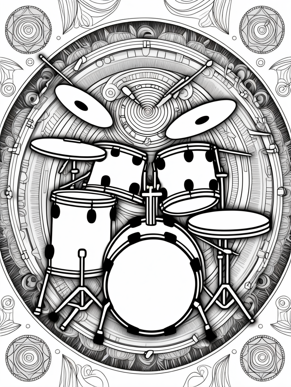 drum set inspired mandala pattern, black and white, fit to page, children's coloring book, coloring book page, clean line art, line art, no bleed