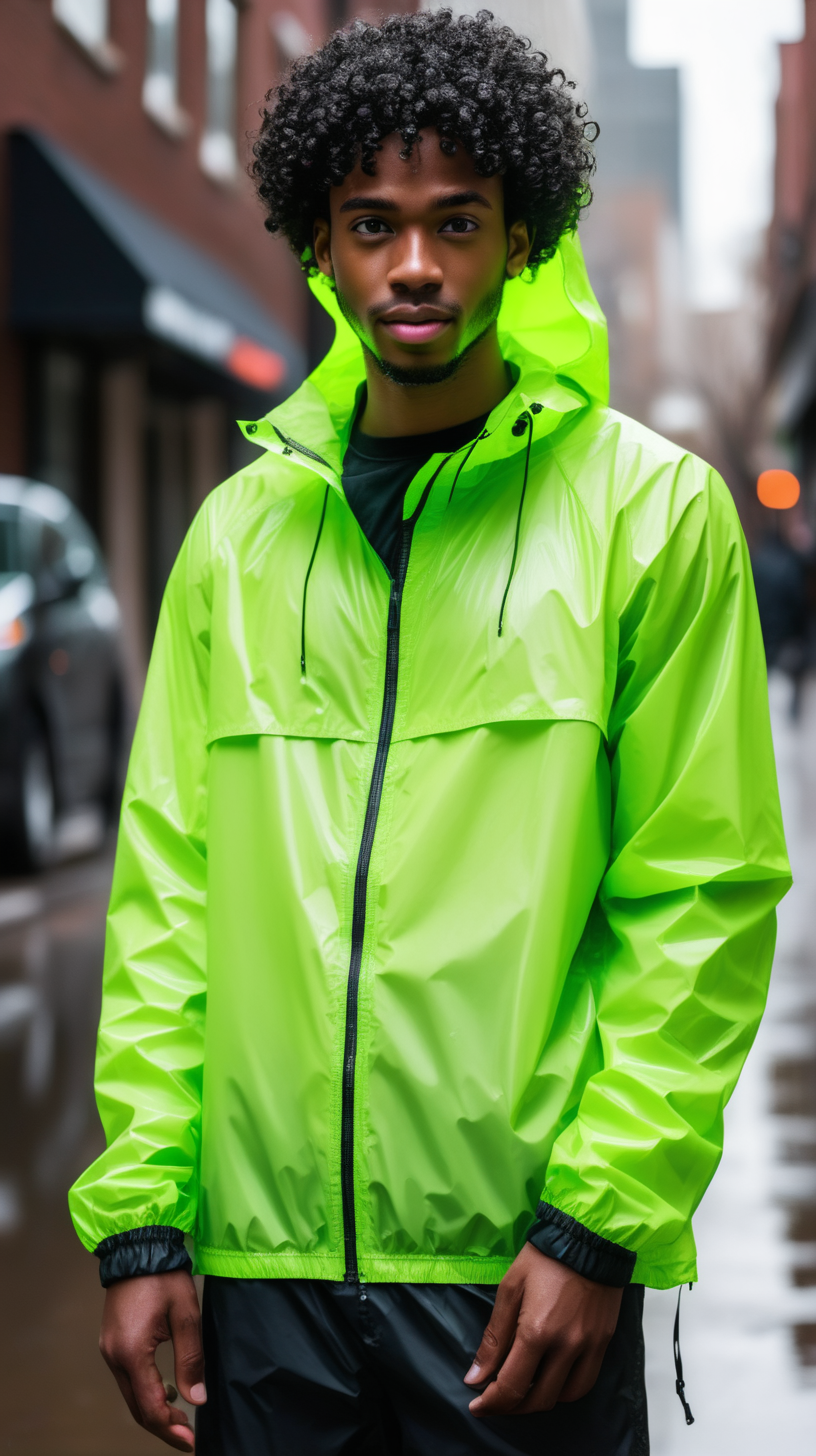 An attractive young black man, wearing black, curly, short hair, wearing a neon green, nylon, waist length rain jacket,