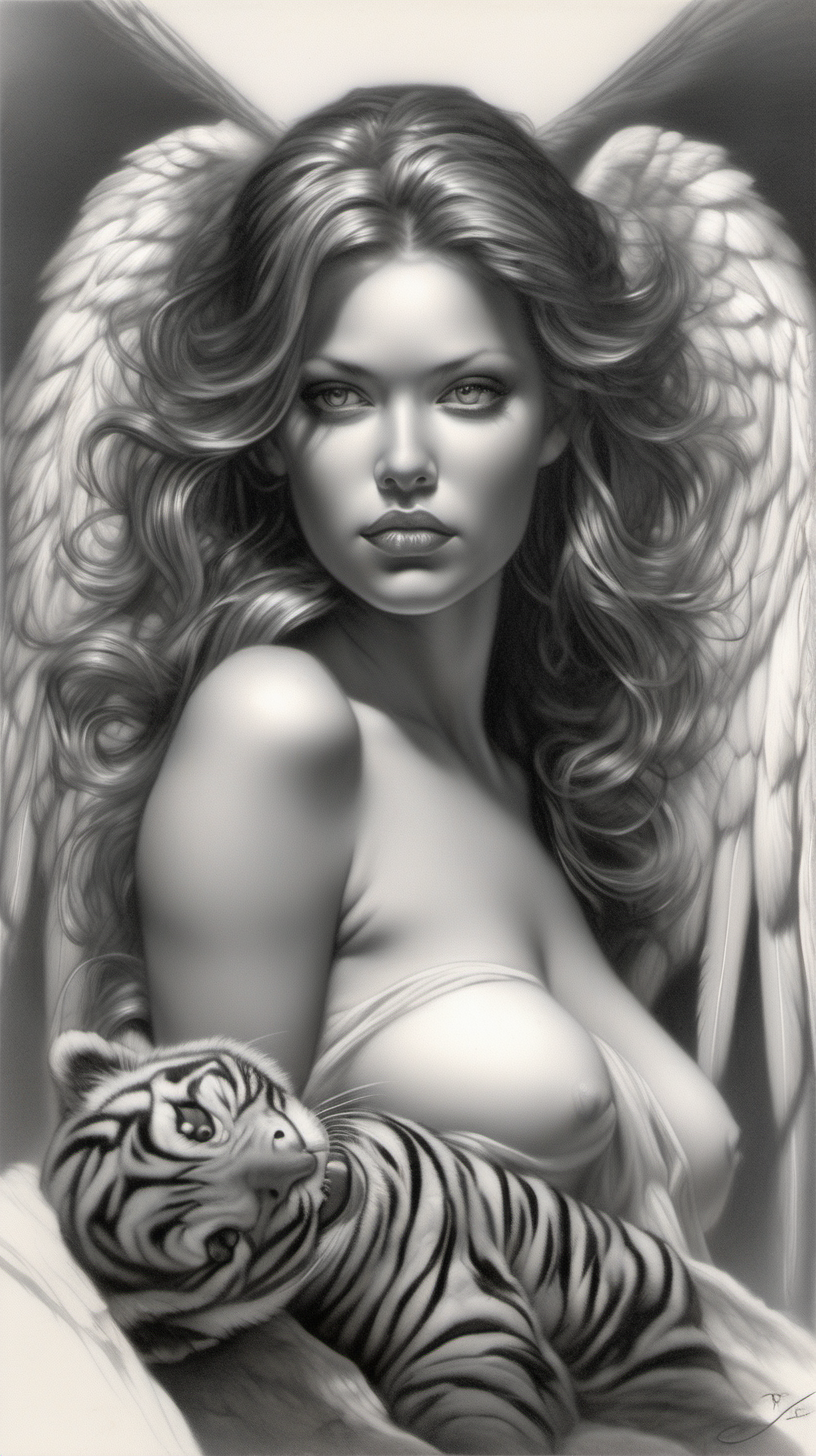 /imagine prompt : a hyper realistic black and gray Boris Vallejo drawing, feauteted a beautiful angel by a tiger create a sureal fantasy atmosphere
/describe : whole subjects in the box
-no cut
<background>white papaer
<style>pencil drawing
