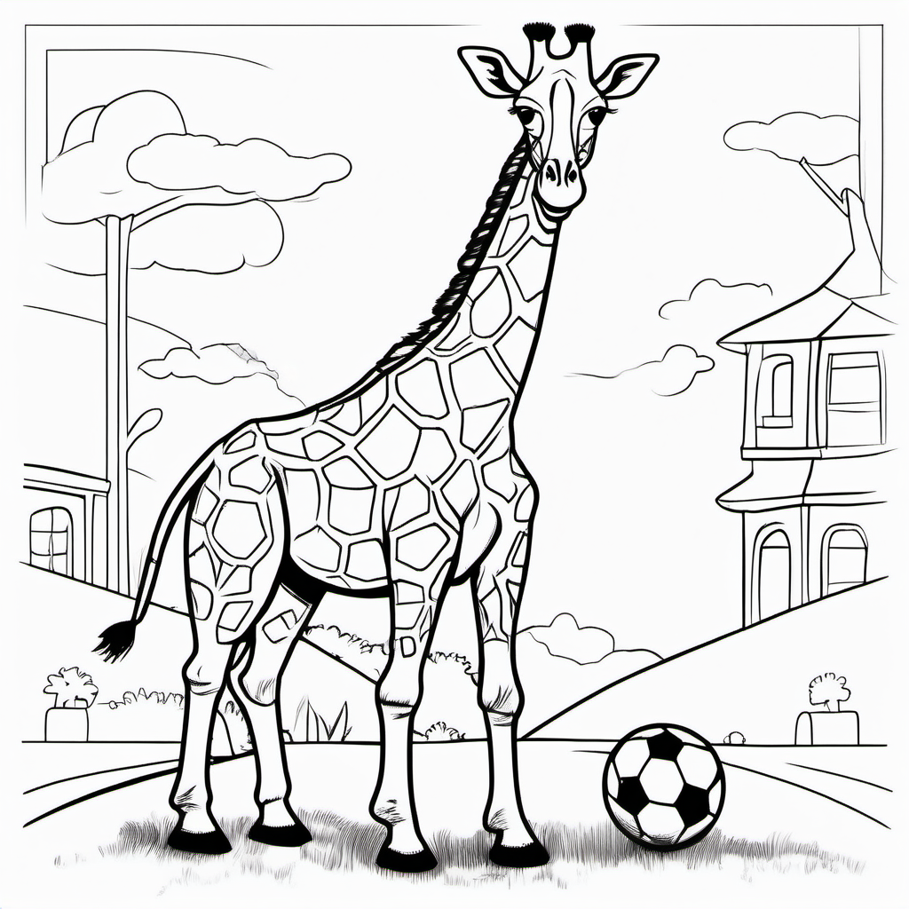 imagine colouring page for kids Giraffe playing football