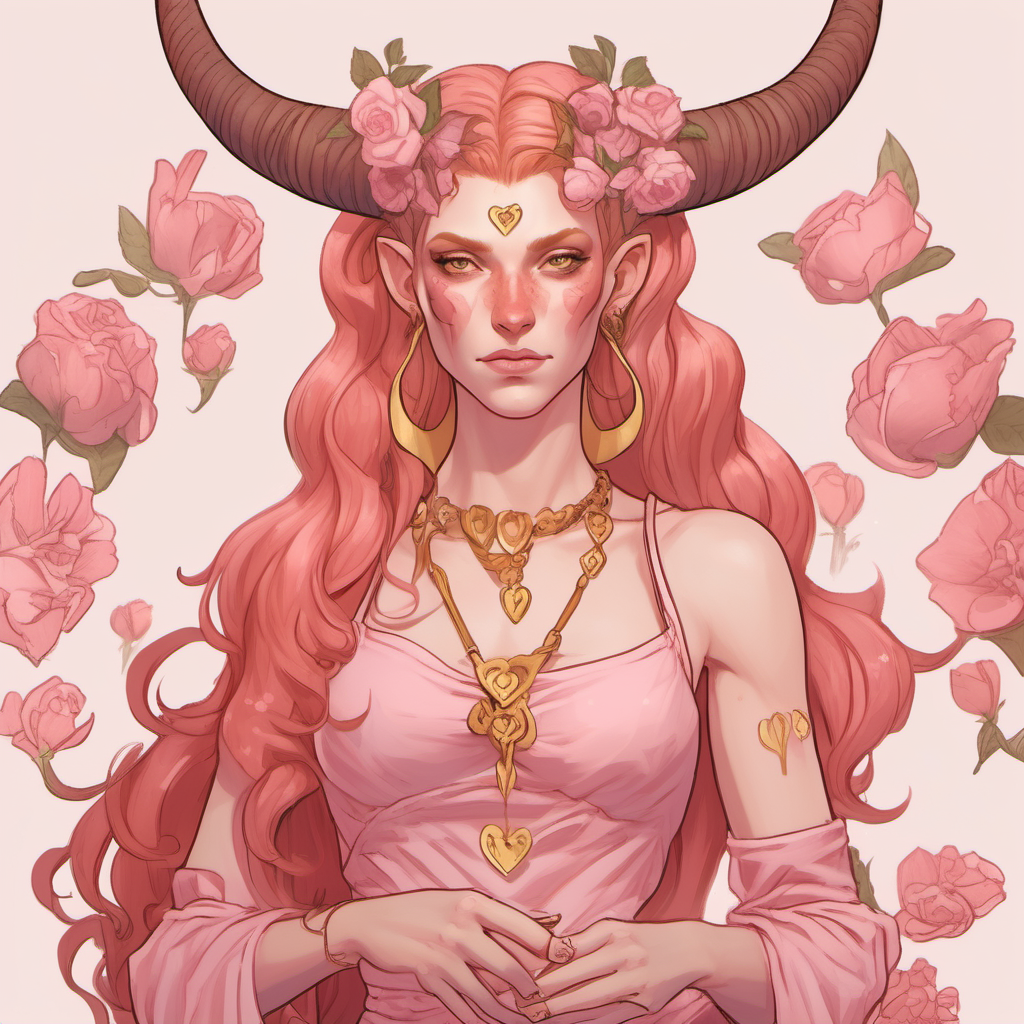 Light pink skinned tiefling woman. She has white horns that meet at the top of her head to form a heart. She has reddish blonde long hair. She is wearing a pink Greek-style dress with lots of flowers. She is wearing gold jewelry