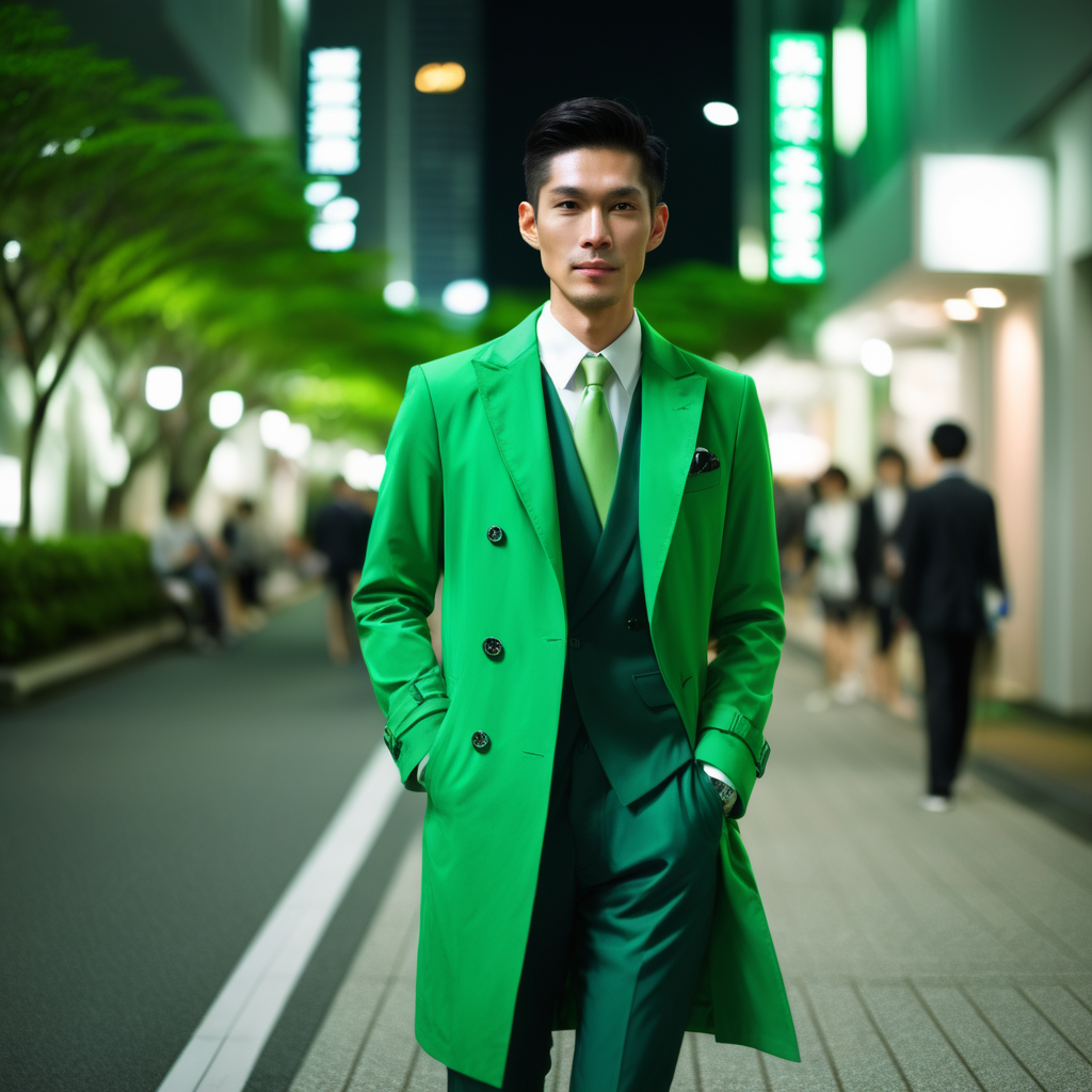 elegant Singaporean man, green suit, green trenchcoat, Japan, night