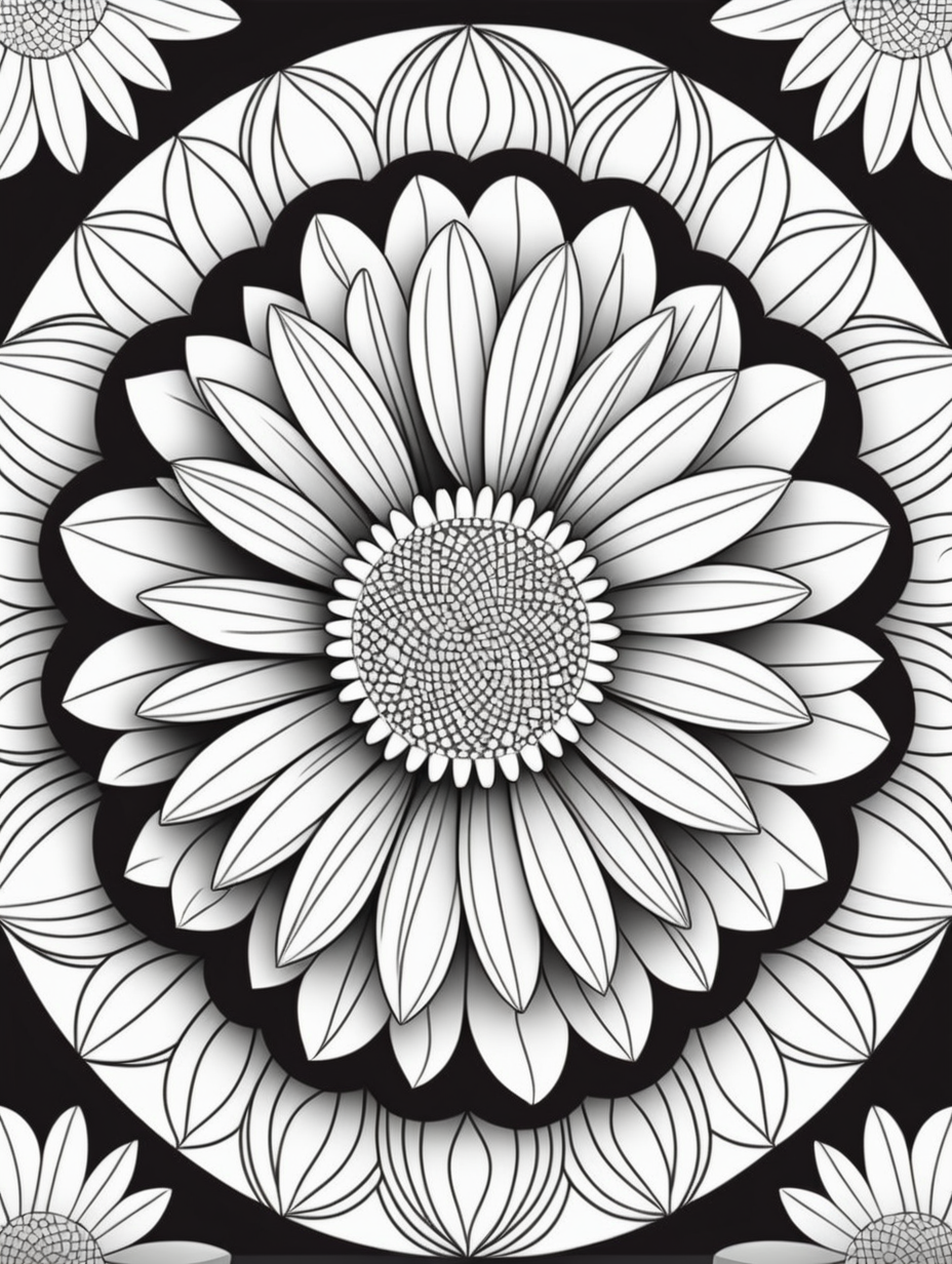 daisy inspired mandala pattern, black and white, fit to page, children's coloring book, coloring book page, clean line art, line art