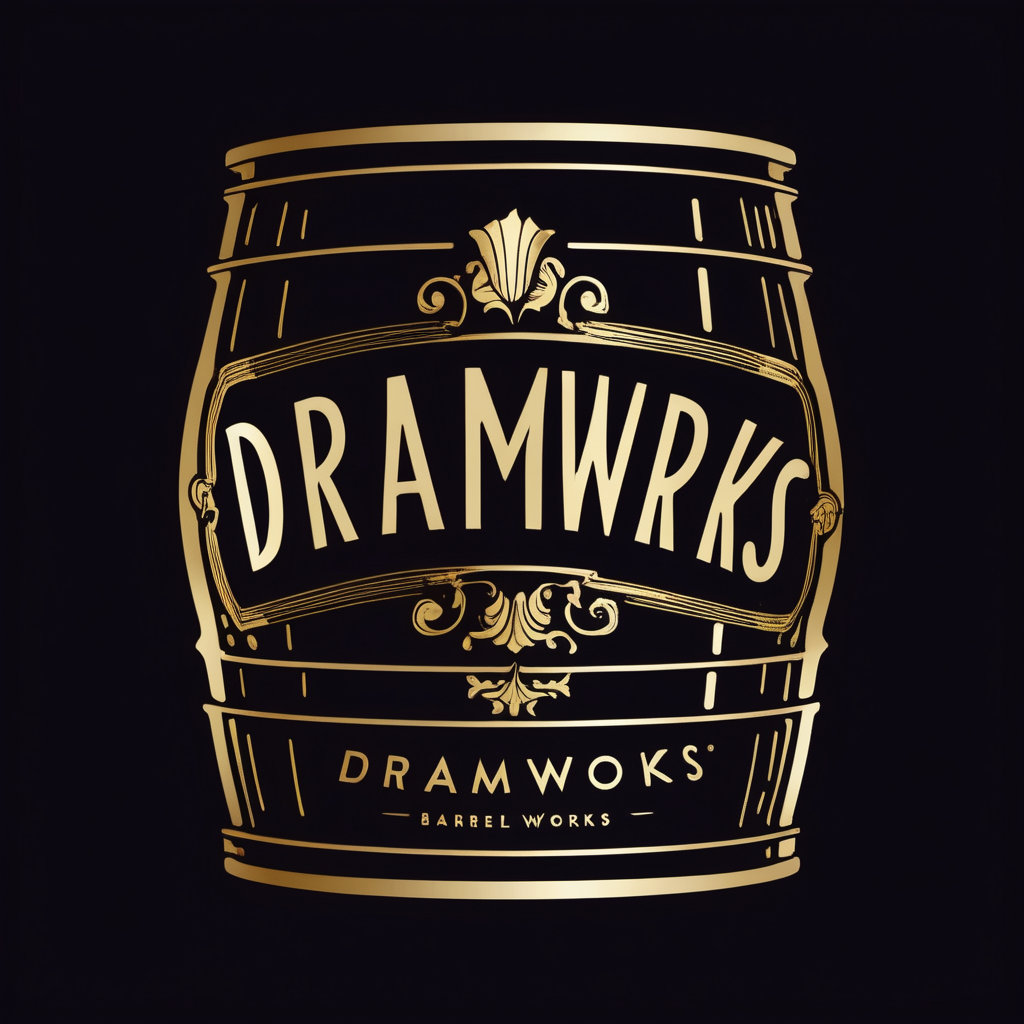 a drinks logo with barrel and gold foil modern font that says "DramWorks" 