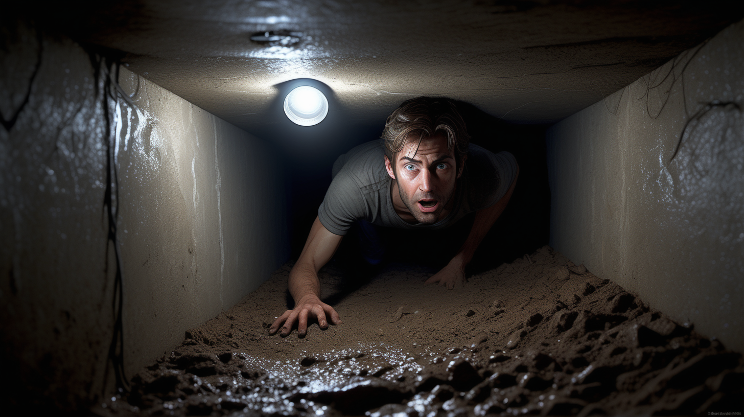 /imagine prompt: realistic, personality: [Illustrate the guy descending into the crawlspace. The flashlight illuminates the tight, narrow space, revealing more dirt and cobwebs. The camera captures the protagonist's determined expression and showcases their physical descent into the unknown, heightening the suspense] unreal engine, hyper real --q 2 --v 5.2 --ar 16:9