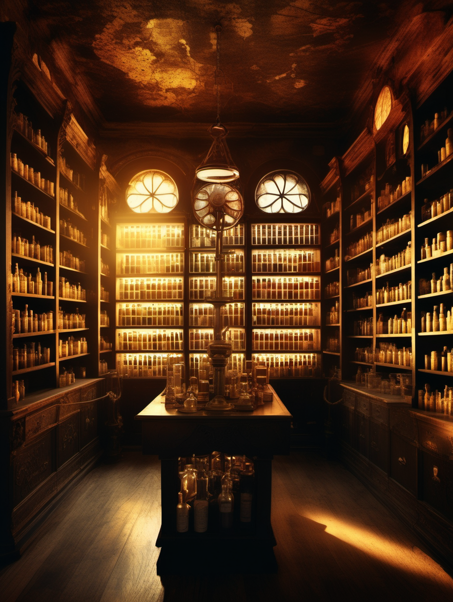 view of old apothecary front disk with alchemy cinematic, bottles, books, shelfs, working table in center  film style dreamy dreamcore fantasy golden hour Colors symetric lines
