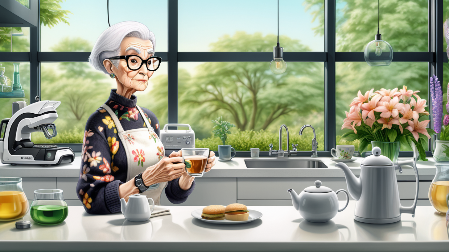 Background: Ultra MOdERN KITCHEN with LARGE window to a very lush green garden. On the window is displayed the vitals of the 80 year of old woman.
Character 1: A 80 year-old woman in a lovely floral blouse.
Character 2: ROBOT NURSE
Character 3: A 50 year old daughter (bleach blond shaved head with big black glasses) dressed in as weater serves tea at the table. 