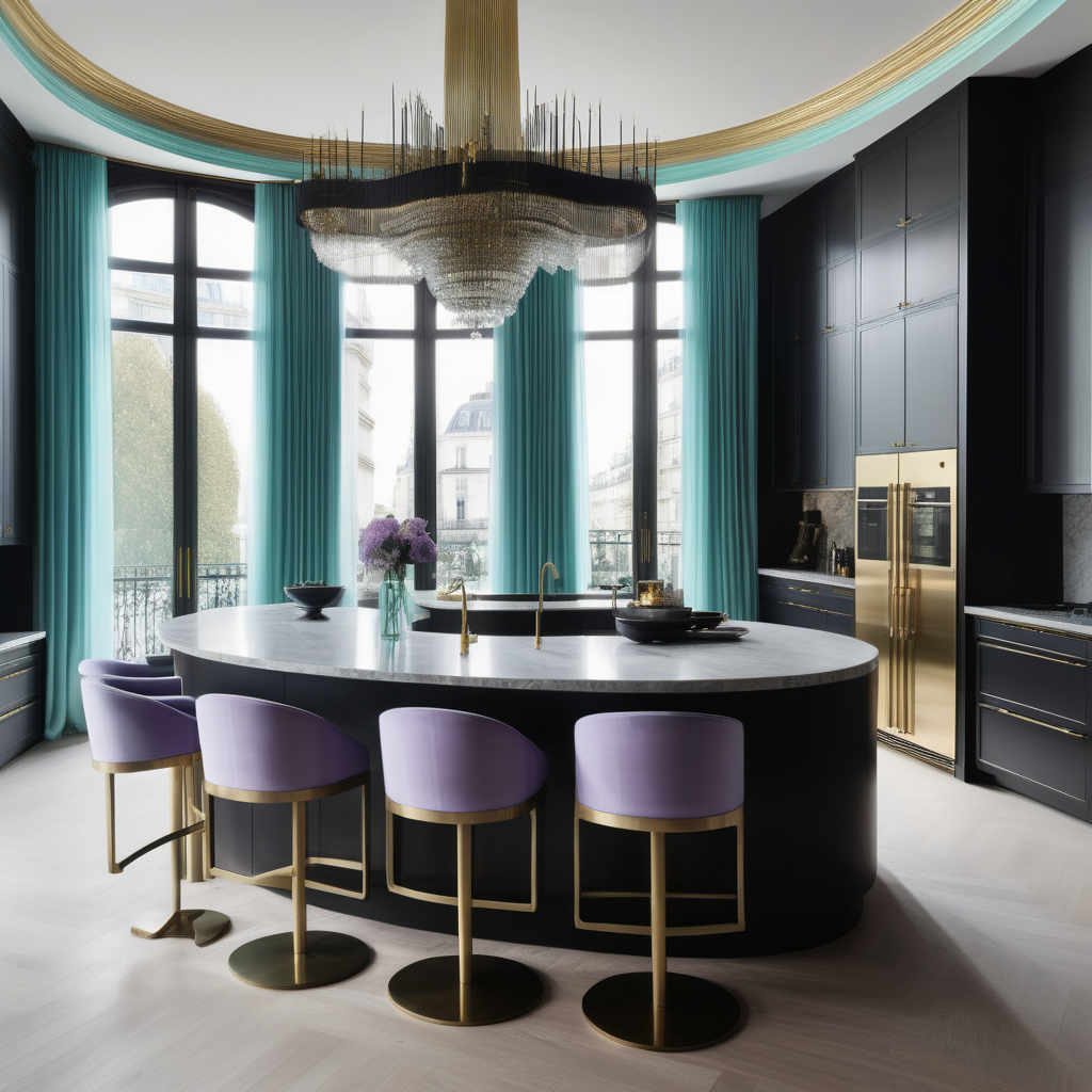 hyperrealistic image of large modern Parisian kitchen with island, floor to ceiling windows, curves, black, aqua, lilac and brass colour palette, brass chandelier, sheer curtains