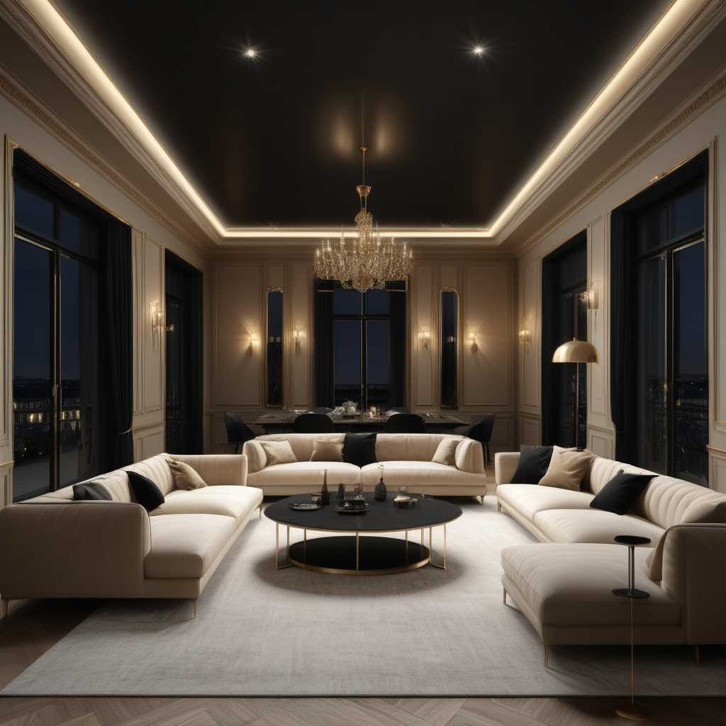 a hyperrealistic image of a grand modern Parisian 6.7x4.7 metre combined lounge room and dining room with windows along only one wall, at night with mood lighting  in beige, oak, brass and black
