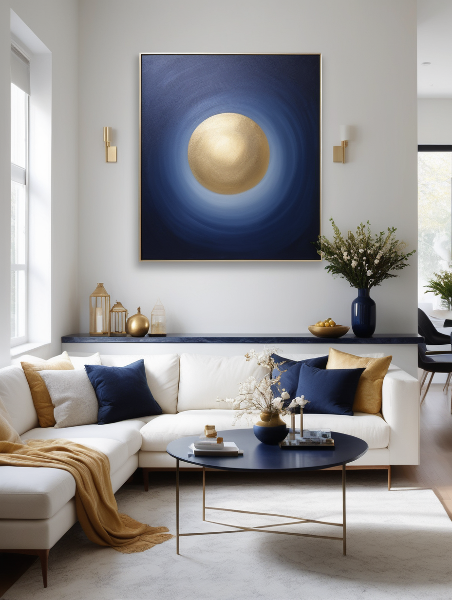 Incorporate 'Starlight', a stunning oil canvas (50cm in width, 70cm in length), into a home setting, where its proportion can be scaled down to fit the scene. Envision this artwork, rich in navy, cream, and gold hues, against the backdrop of a brightly lit, minimalist home. The painting adds a touch of modern simplicity, enhancing a living space that exudes a bright, contemporary, and uncluttered atmosphere.