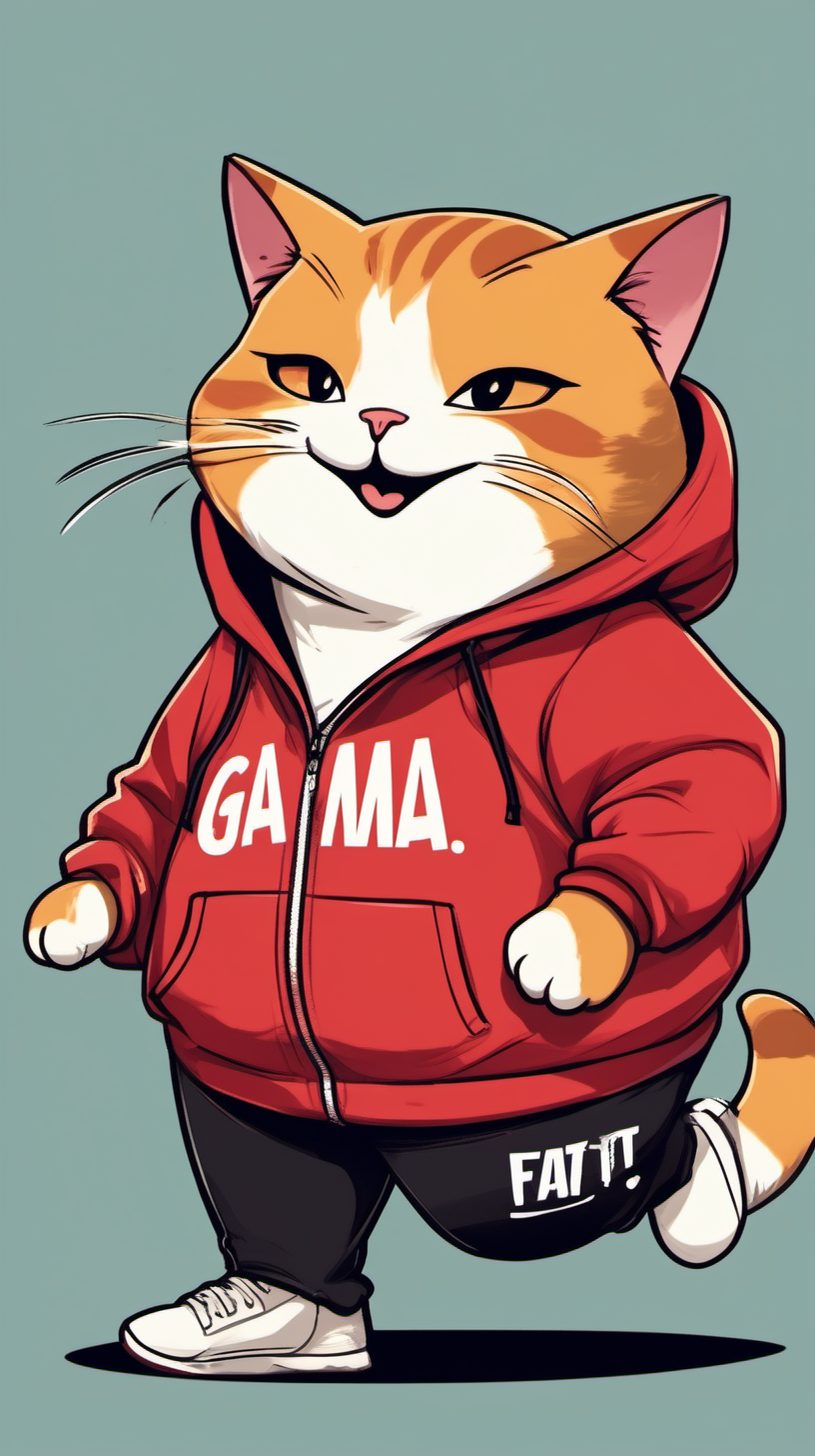 Fat Cat, Cute, Excited, Happy, Wearing a Red Hoodie Jacket with GAma Written on It, Black Pants, Walking