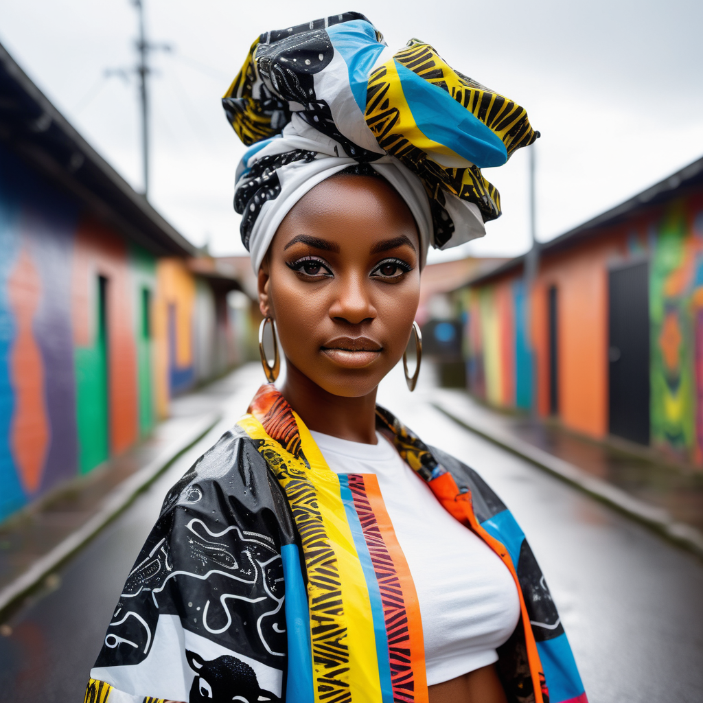Beautiful Black woman with tribal paint on her eyes and forehead, wearing a multi color African headwrap and African print Skirt, cropped light flourescent transparent rain coat, wearing a white tee with a black fist printed on the front, wearing denim with African print material  inside the pockets,  Vibrant images that represent African heritage, In the sernegetti, looking to the left, holding a  black lamb, view looking straight at , 4k, high definition, high resolution, light source from above right