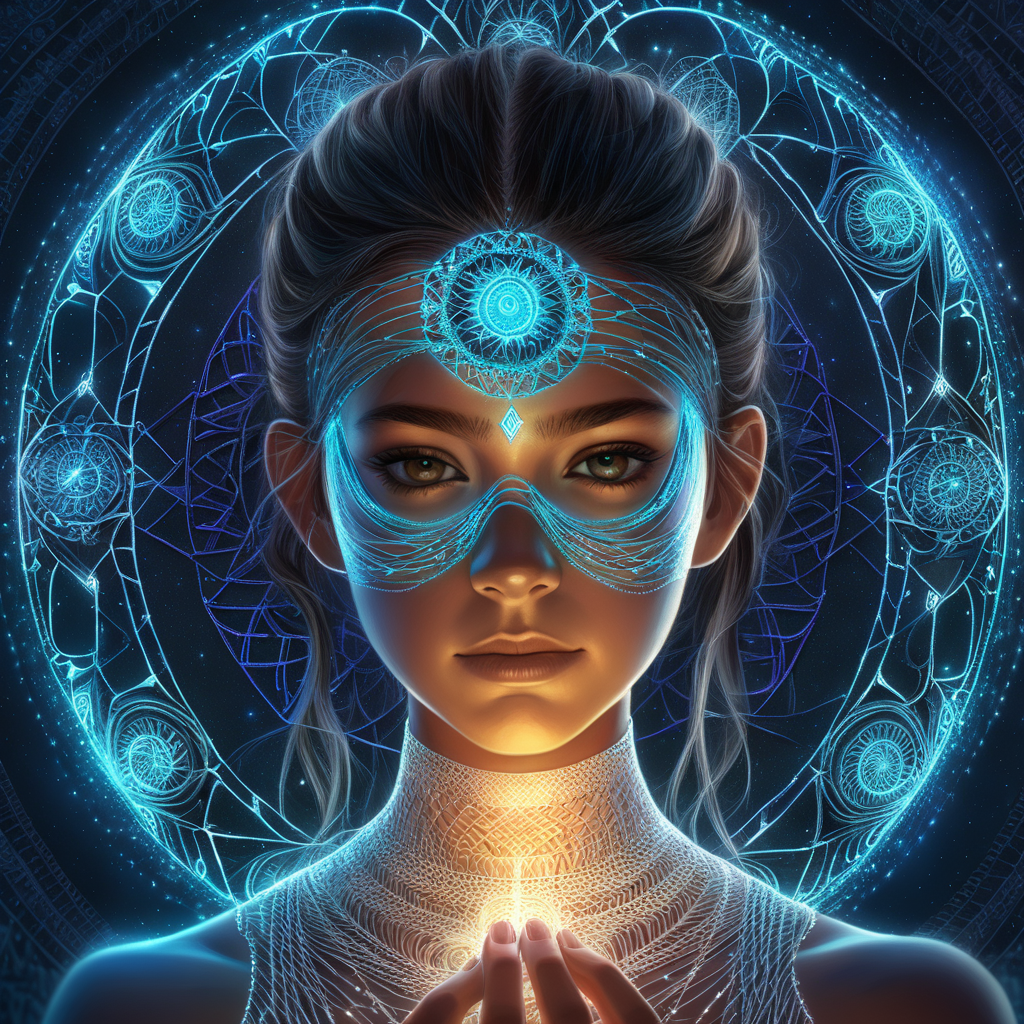 book cover design for a sci-fi story about a young adult woman who can weave glowing threads of fate in the middle of a mandala made of glowing threads