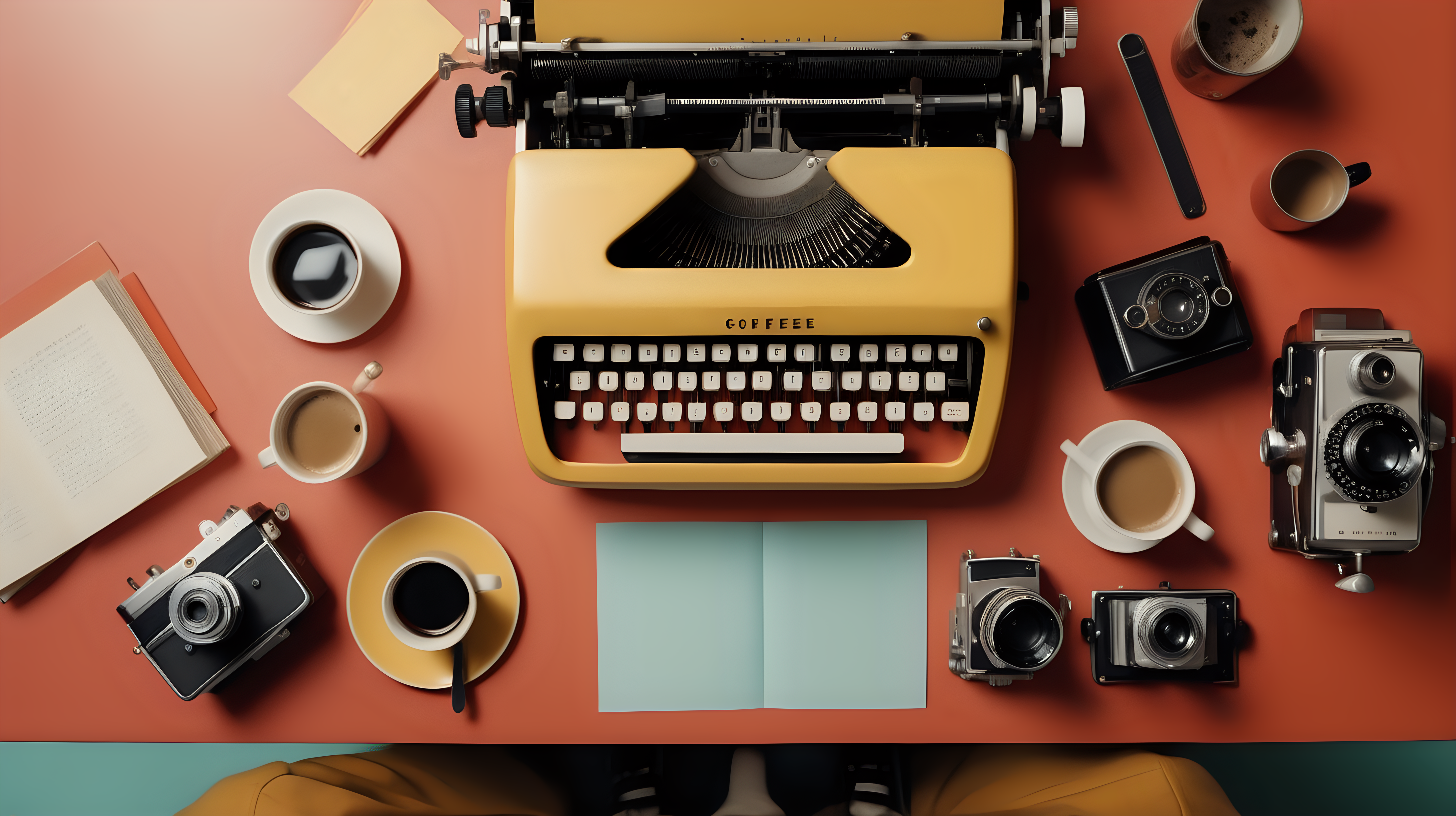 Wide shot of desktop with coffee cup, typewriter, film camera  in the style of a wes anderson film. Camera looking down on desktop from above.