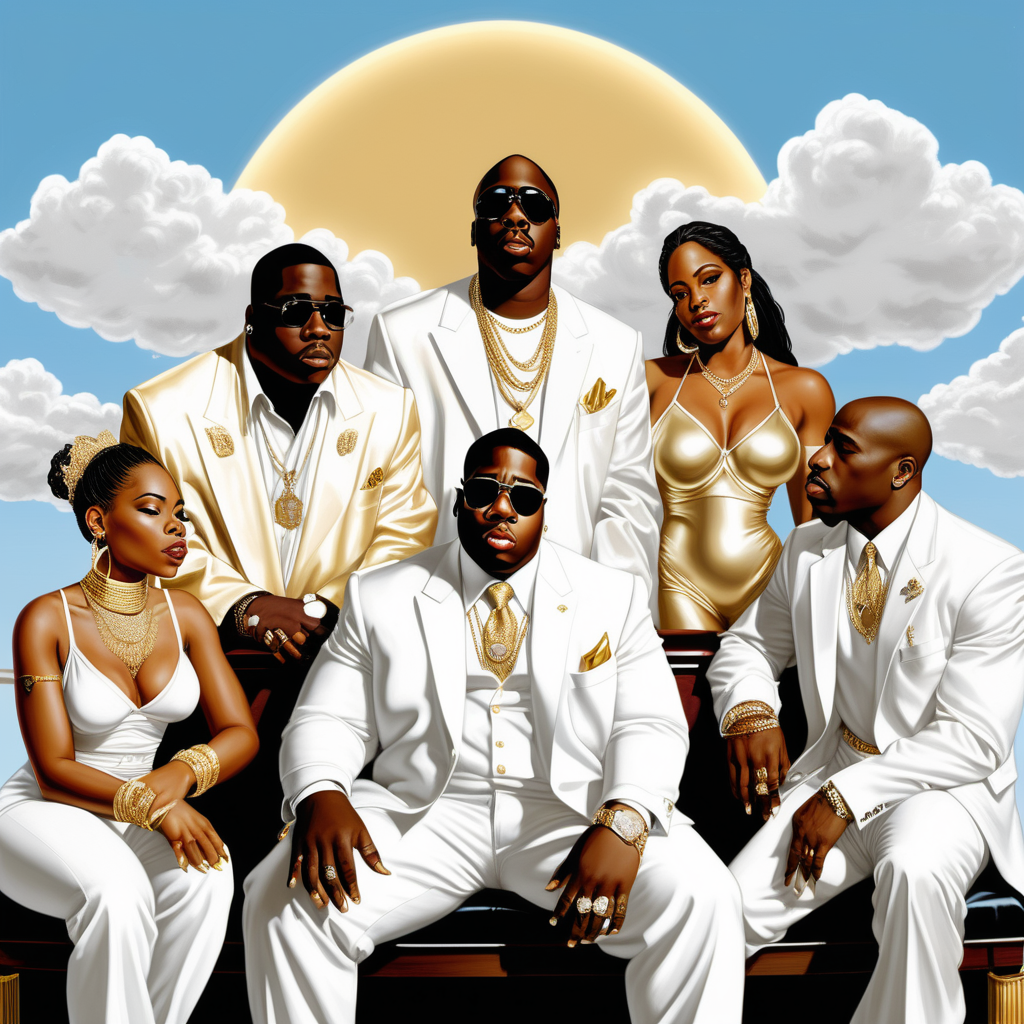 PUser
Create an illustration of Biggie Smalls, DMX, 2 Pac, Easy E and Big L all dressed in white casual suits waering diamonds and gold jewelry.  The background are clouds and baby blue skies clear with a ray of sunlight. They are all looking at a man sitting at a panio dressed in white and gold and a beauftiul black women playing the heart dreesed inwhite and gold. 

