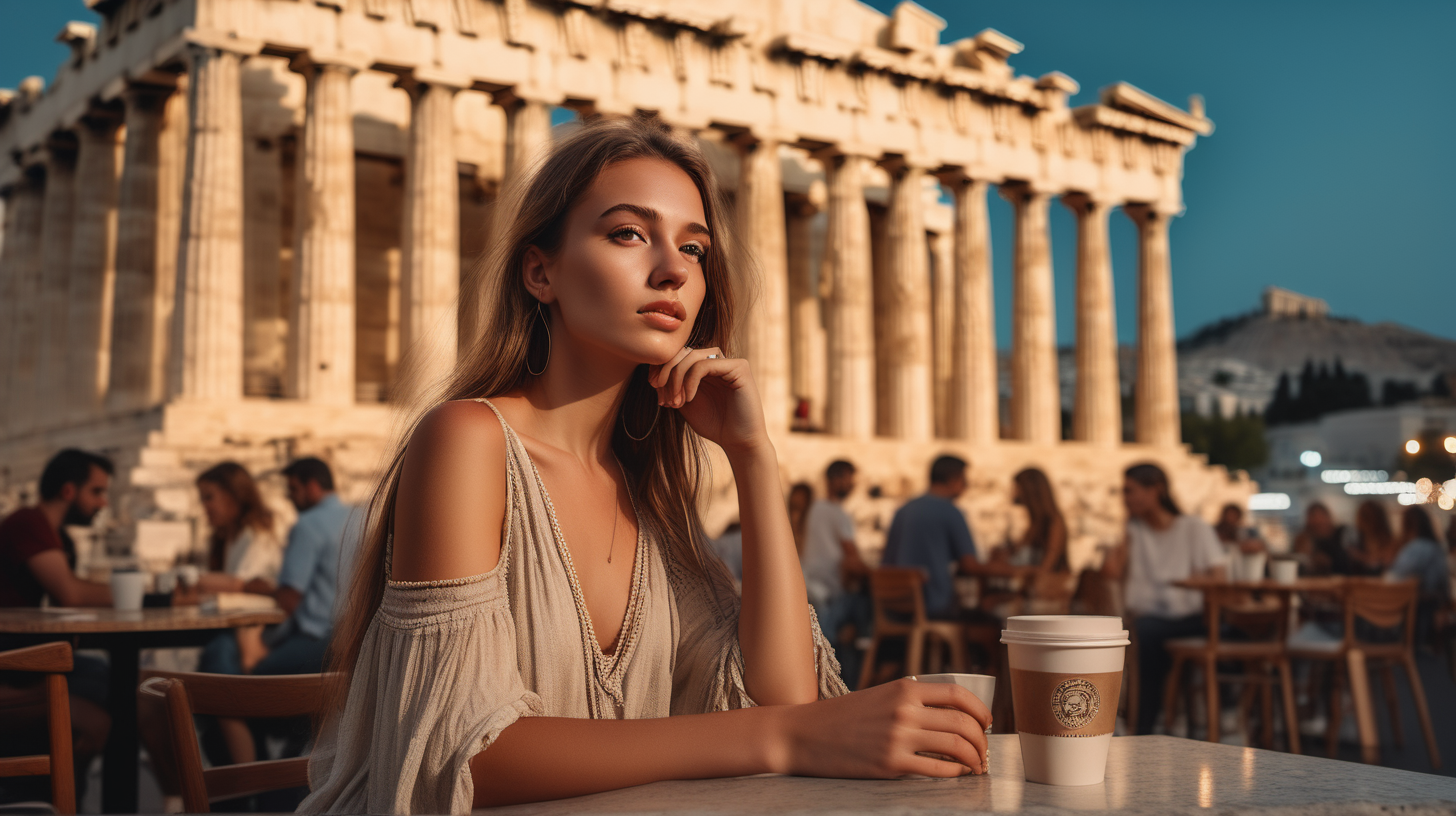 post classic, portrait photography, boho outfit, super realistic woman, sitting in a street coffee shop in modern Athens, dusk blurred Parthenon in the background. Perfect and simetric body and hands. The lighting in the portrait should be dramatic. Sharp focus. A ultrarealistic perfect example of cinematic shot. Use muted colors to add to the scene.