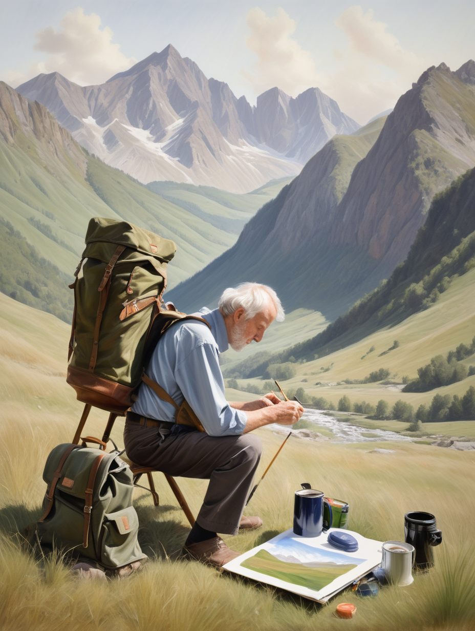 a Caucasian man, in his early 70s, doing an oil painting of a mountainous landscape, with a bagpack and a traveler mug on the grass beside the man
