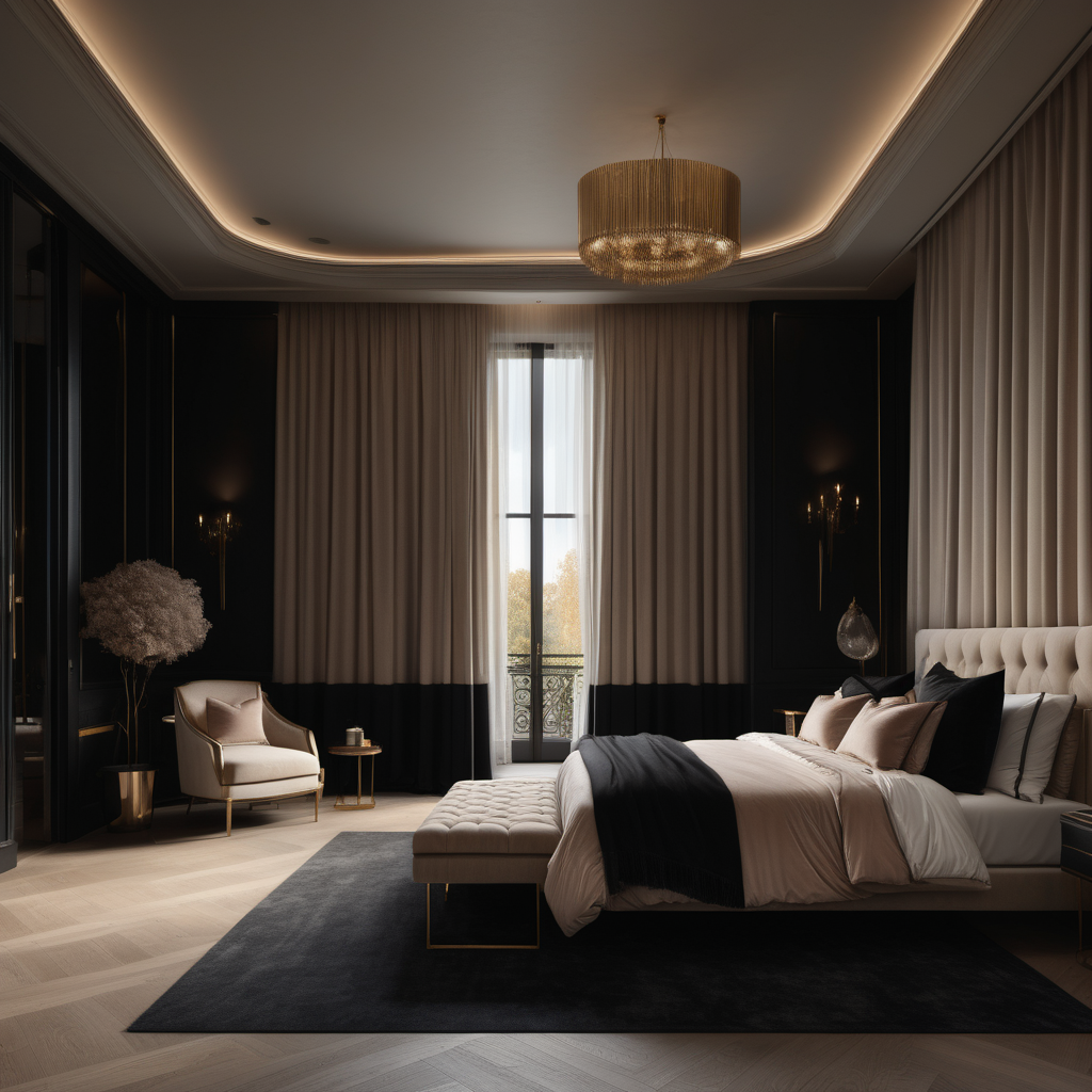 A hyperrealistic image of a grand, Modern Parisian, feminine, elegant, master bedroom with mood lighting, curtains,  in a beige oak brass and black colour palette with floor to ceiling windows 