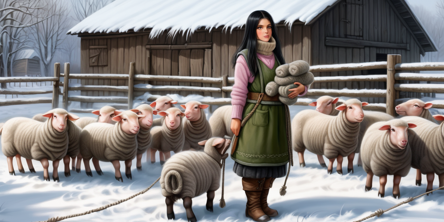 A beautiful peasant woman with long black hair and green eyes works in the pen in front of the barn. Around her are piglets - small and pink. Everything is in mud. The barn is surrounded by a fence of old wooden posts and wire mesh. It's winter, everything is covered with a thick layer of snow. Mud and snow mix. The peasant woman has put her feet sheep skin boots. Brown coarsely knitted woolen socks stick out from them - up to the middle of the leg and. On top of them, to keep her warm, she has put on green - brown, very wrinkled and crumpled woolen knitted gaiters. It is worn with thick elastic leggings, over it there is a shotr knitted skirt in black and brown. A chunky brown-gray wool sweater with a chin-high collar is snug around her. over it she wore an off-white furry sleeveless sweater with a triangle neckline. Above all this is a short  quilted waistcoat in gray which is unbuttoned. On his head he wears a thick knitted woolen gray hat - an ushanka. He also has a thick scarf sloppily draped around his neck. He also wears gray knitted woolen gloves. across the waist, a thin hemp rope is wrapped 2-3 times. 
