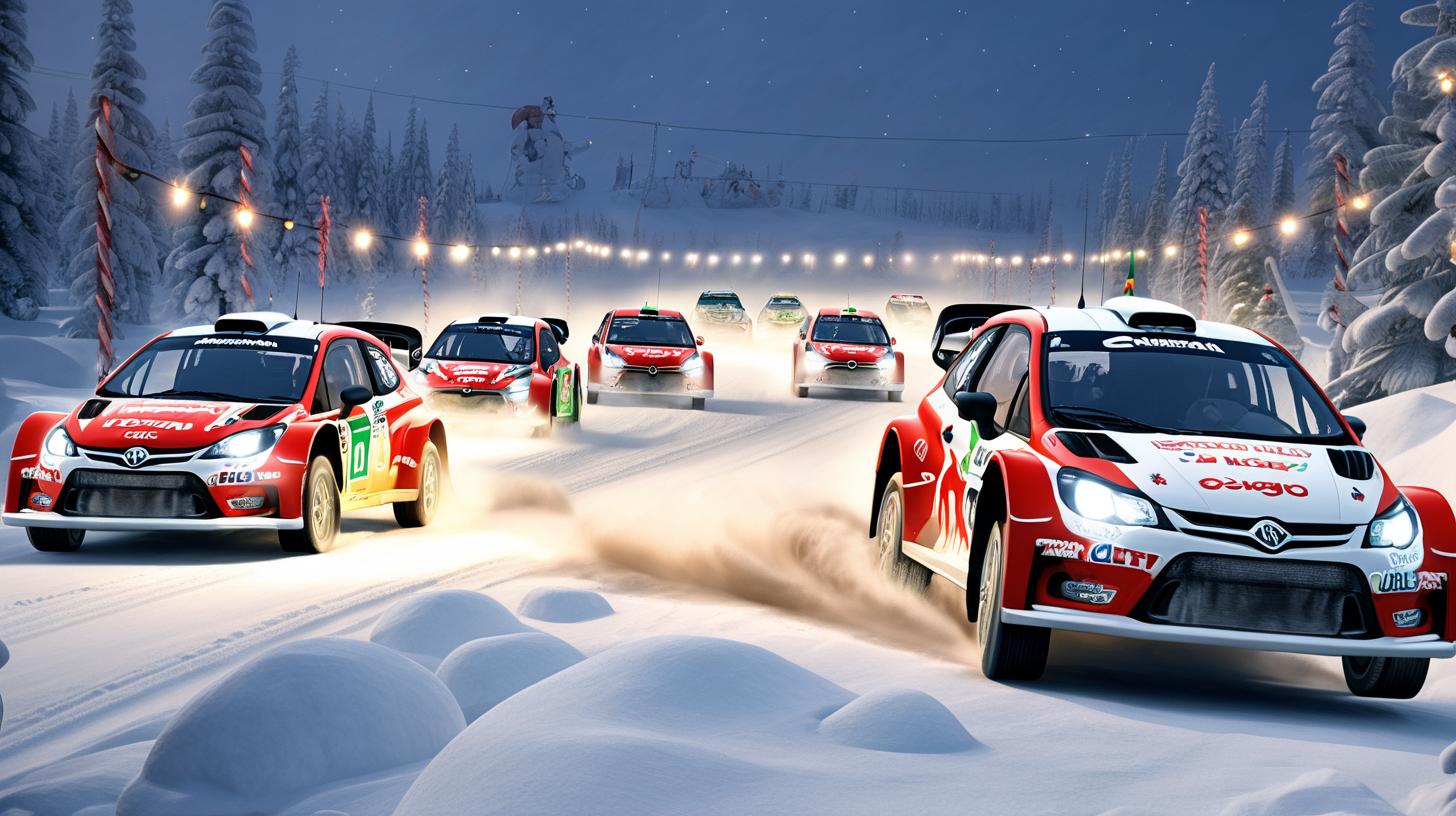 rally cars racing in the North Pole, with christmas lights