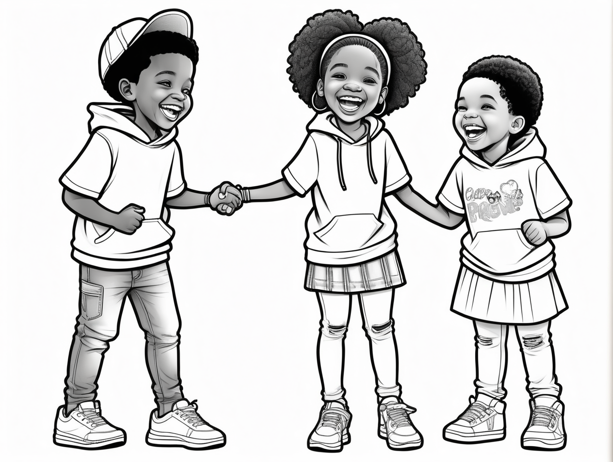 create an outline coloring page of 2 young african american  boy wearing jeans, a hoodie and sneakers, a girl wearing a skirt and tee shirt and sneakers, they are laughing and enjoying each other's company in a friendly way