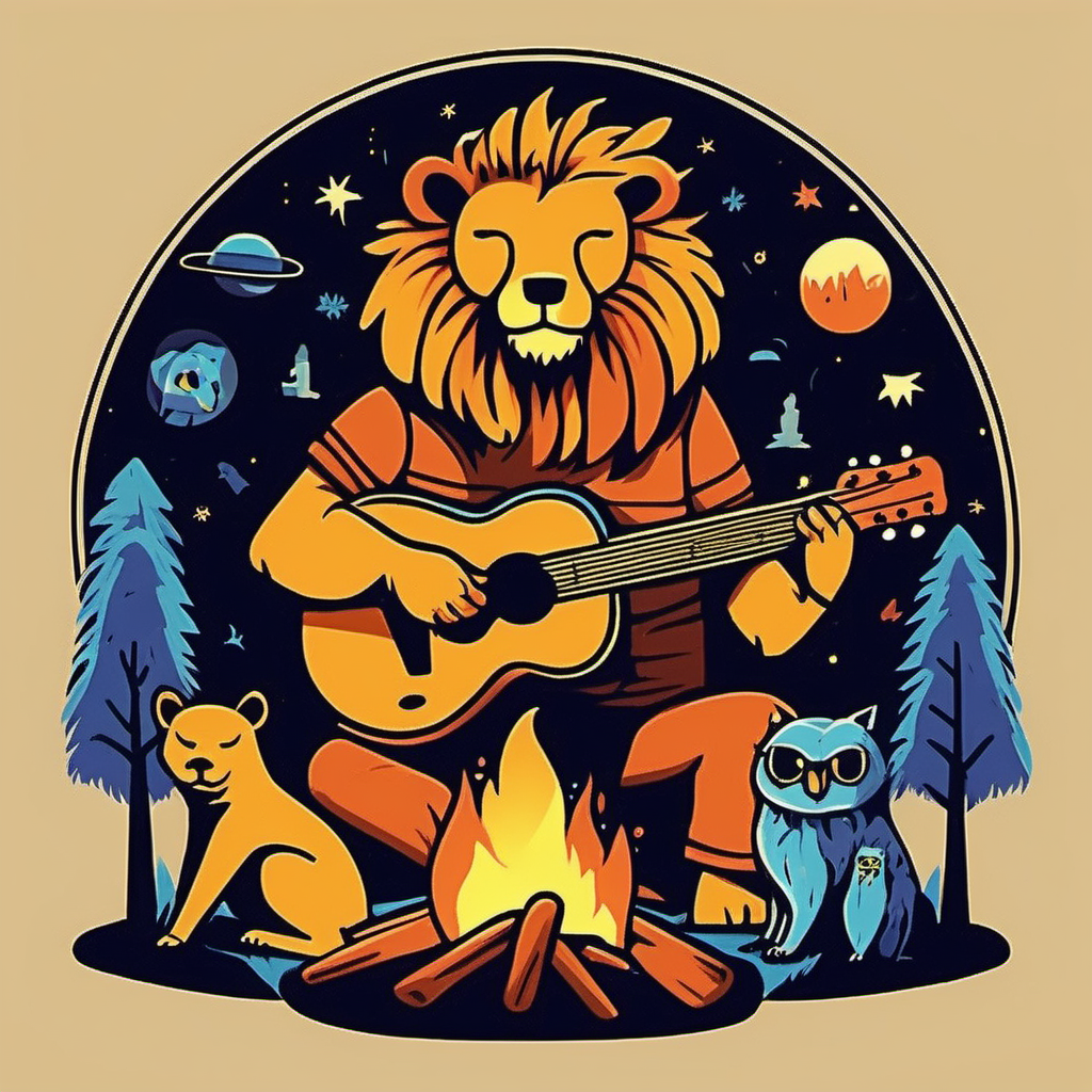 cosmic lion playing guitar campfire bear wolf owl good vibes