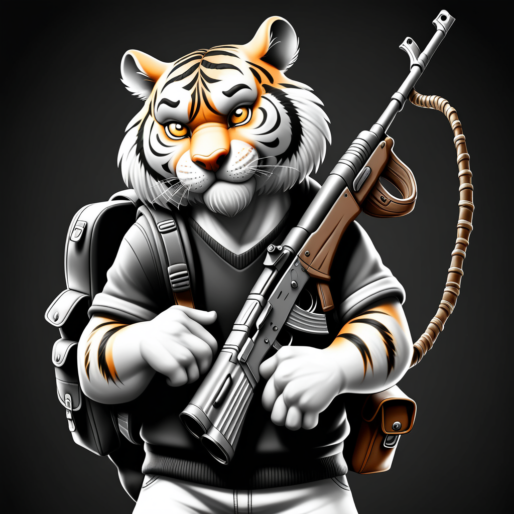 draw a street gangster siberian tiger wearing a backpack while holding an ak 47 in black and white