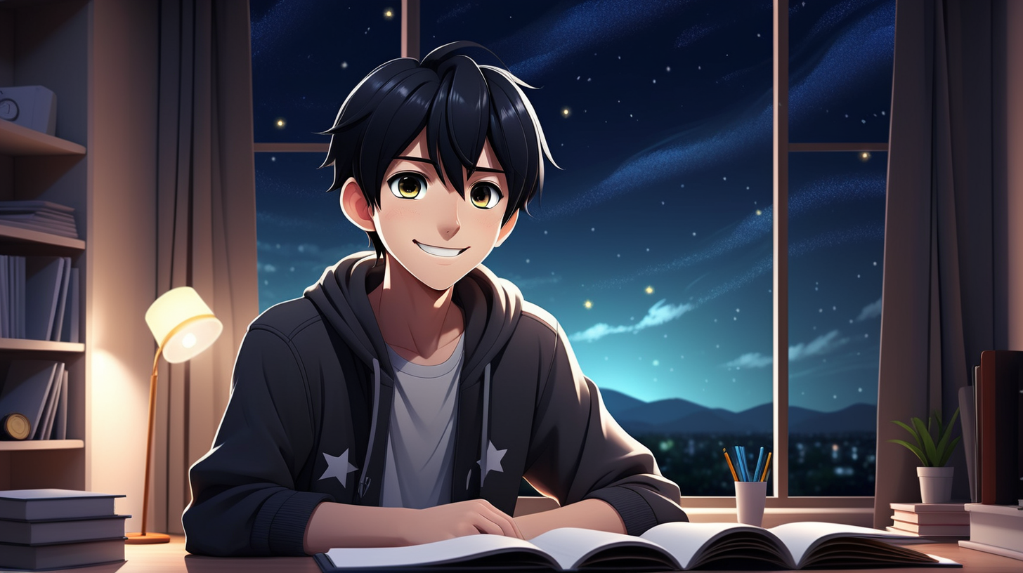 handsome anime young boy, studying in the room, black hair, modern clothes, happy smile, background with a beautiful night sky with lots of stars, simple full color, high quality, lively eyes, dark, gloomy, dark color, natural eyes, hd, hyper realistic,