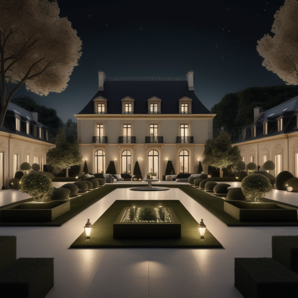 a hyperrealistic of a grand Modern Parisian estate home yard at night with mood lighting, sprawling lawns, manicured gardens , in a beige oak brass and black colour palette 
