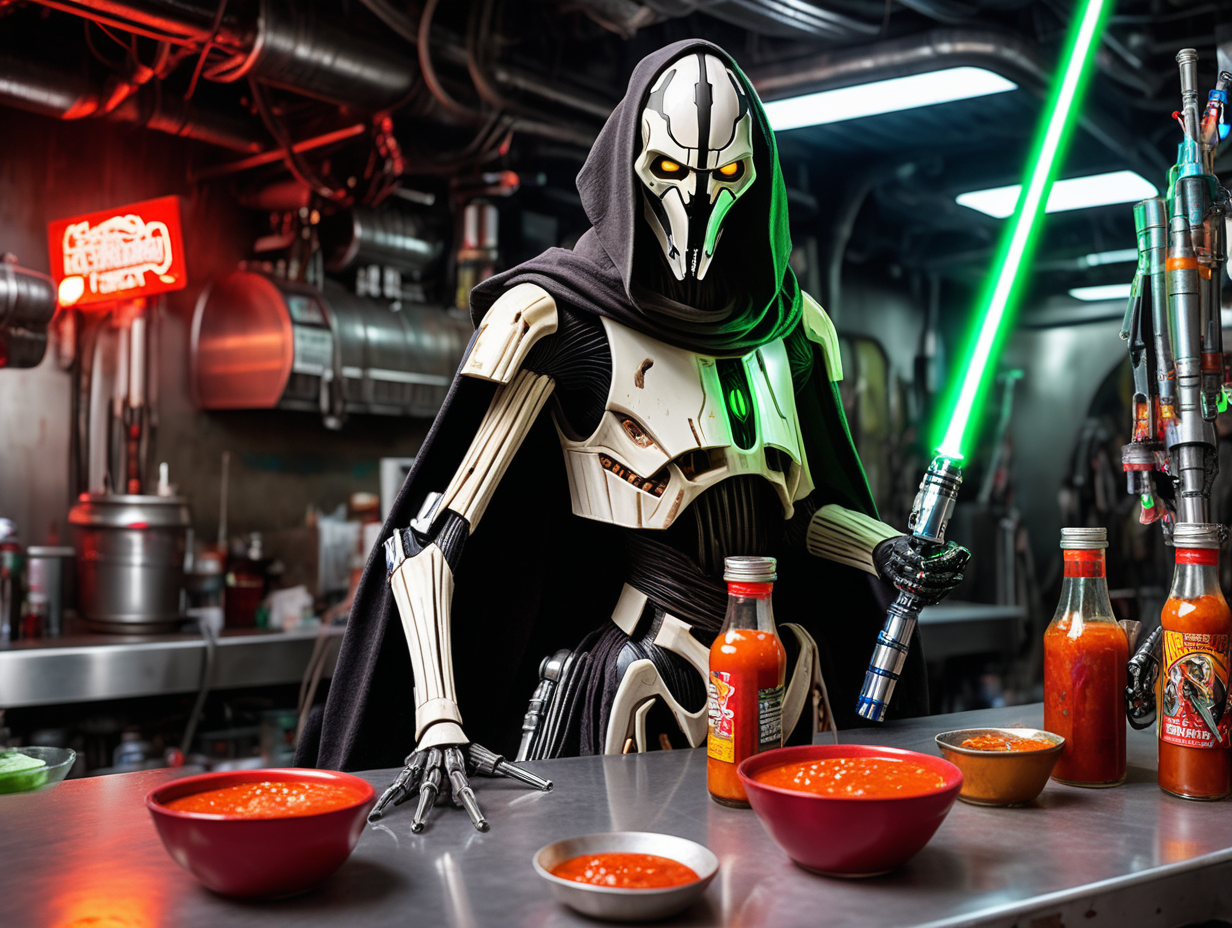 general Grievous with 4 lightsabers in cyberpunk hot sauce factory