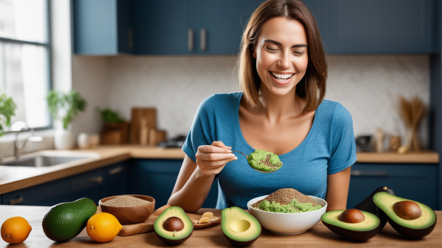 image of a woman wearing blue top happily eating a meal rich in cholesterol-lowering foods. Arrange avocados, flax seeds, and whole wheat prominently in the foreground. You could use color correction and filters to make the heart-healthy foods stand out and look appealing.