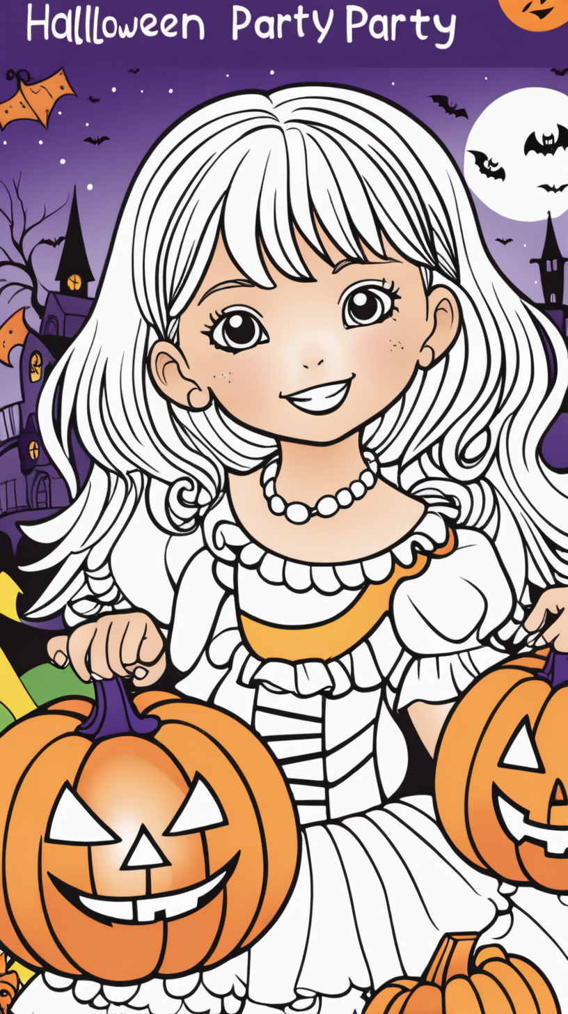 Cover of a children's coloring book: girl at a Halloween party, full color  title cut girl in Halloween party 