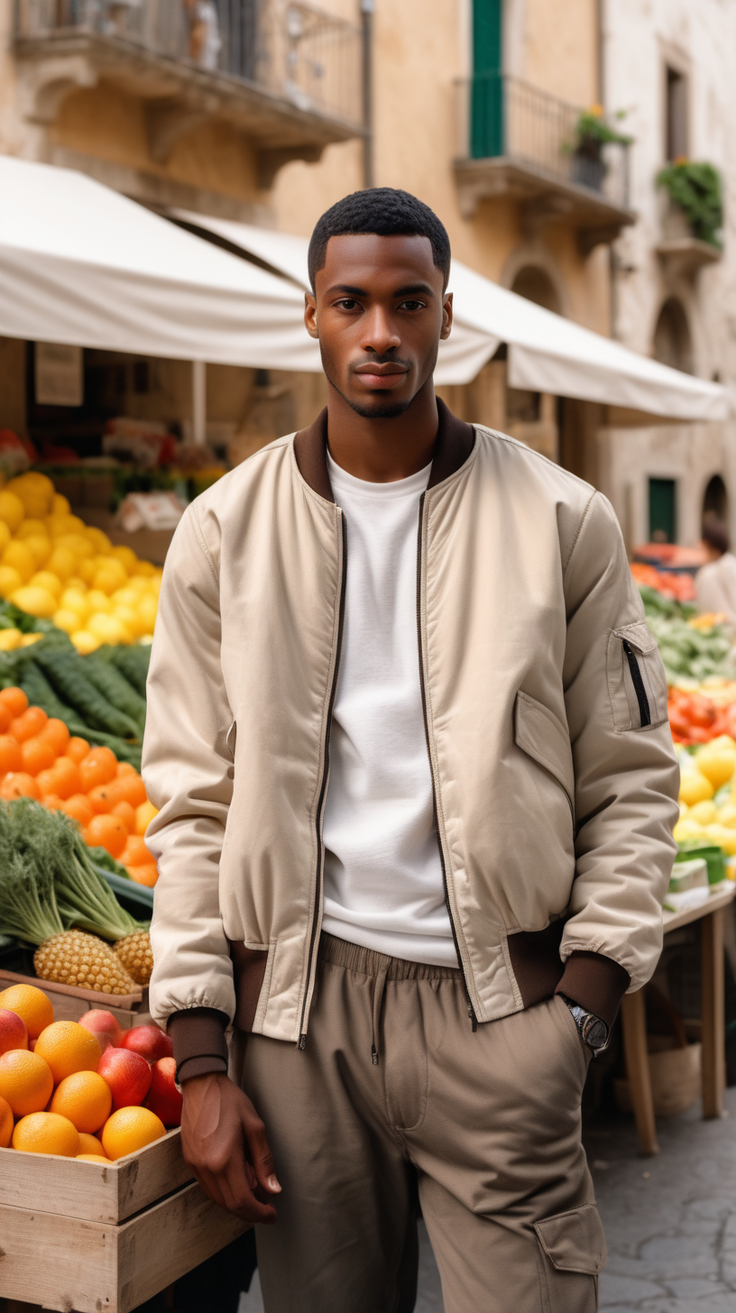 A handsome, young, African American man, wearing short, black hair, wearing Cream, cut and sew, bomber jacket, standing beside a fruit and vegetable stand, an Italian market in Sicily in the background, Facing  the camera, wearing a light, pine colored, linen, dress shirt, wearing a white tee-shirt, wearing Taupe Brown, Corduroy joggers, lighting is over the right shoulder, from behind, pointing down, ultra 4k, render, high definition, light shadowing