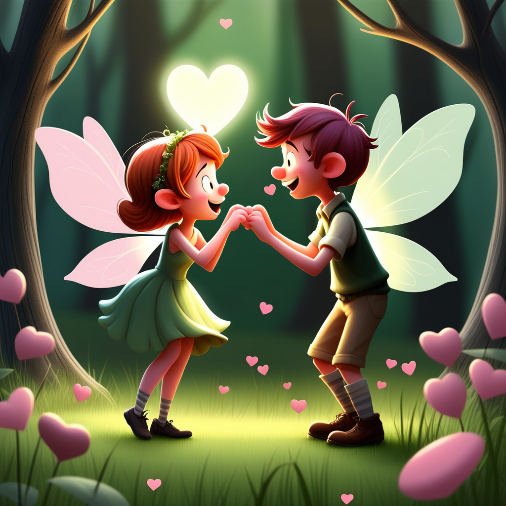 /envision prompt: "Whimsical fairy valentines" translated into a charming comic strip, drawing inspiration from the whimsical style of Bill Watterson. The fairies, with expressive and endearing features, embark on heartwarming adventures in a enchanted woodland. The color palette exudes warmth, with soft greens and pinks dominating the scenes. Facial expressions range from mischievous grins to heartfelt camaraderie, capturing the essence of playful love. The lighting is dynamic, shifting between sunny meadows and moonlit glades. The overall atmosphere radiates joy, friendship, and the magic of love.--v 5 --stylize 1000