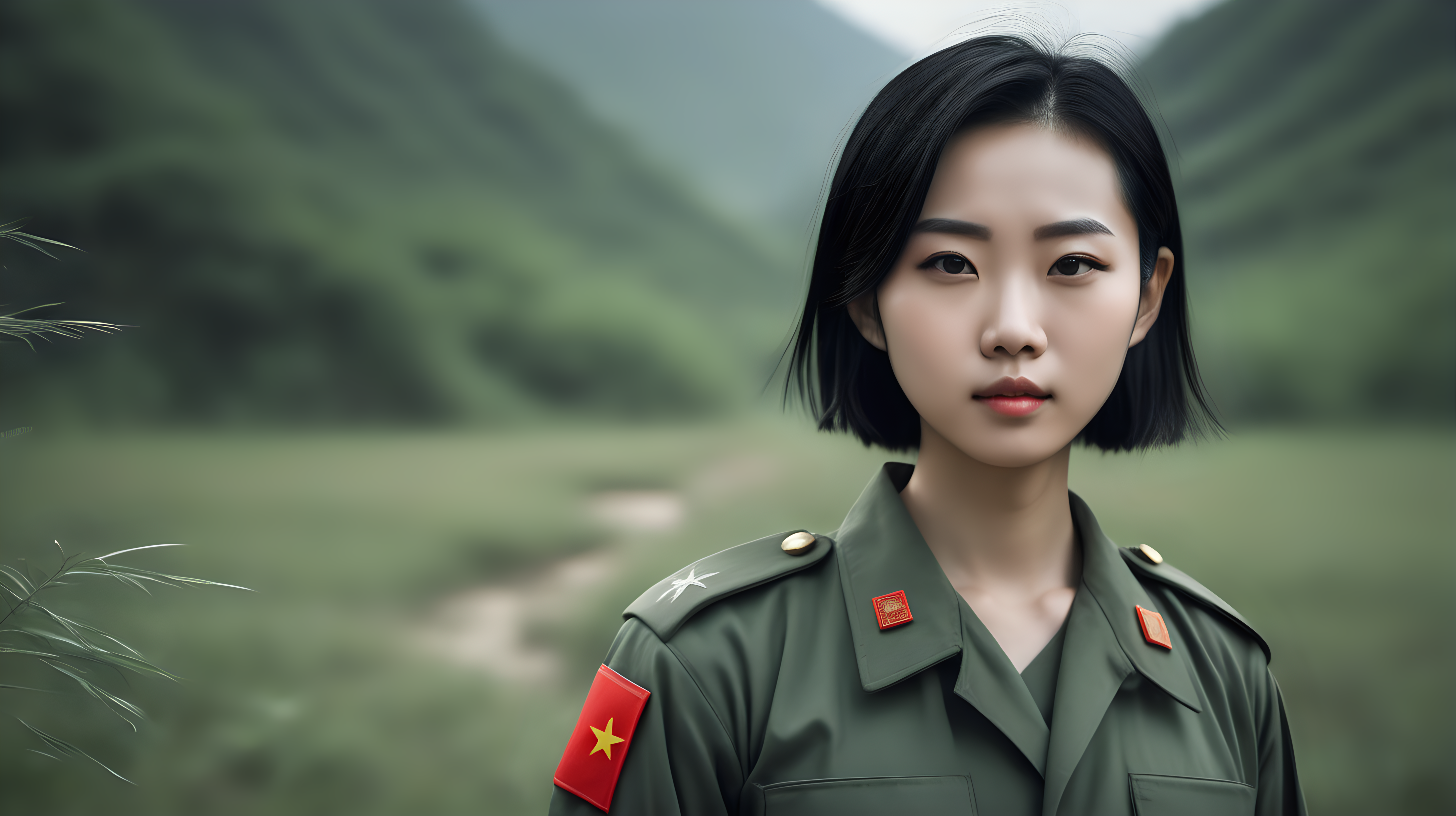一名中国医疗女兵
青年人
黑发
短发
站在野外