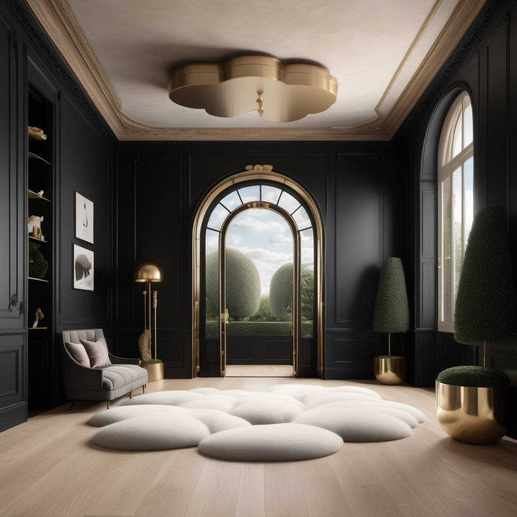 a hyperrealistic image of a grand Modern Parisian  cloud like fantasy playroom in a beige oak brass and black colour palette with floor to ceiling windows that blend into the walls and a door leading to the manicured gardens