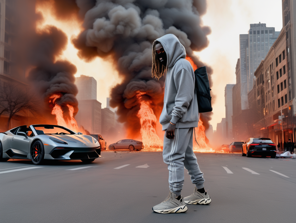 a man with ski mask and dreads yeezy 700 sneakers with a grey hoodie and grey sweatpants holding a cinema camera looking at a metropolitan city on fire while the people are running away from the fire with luxurty cars flipped over and on fire.
