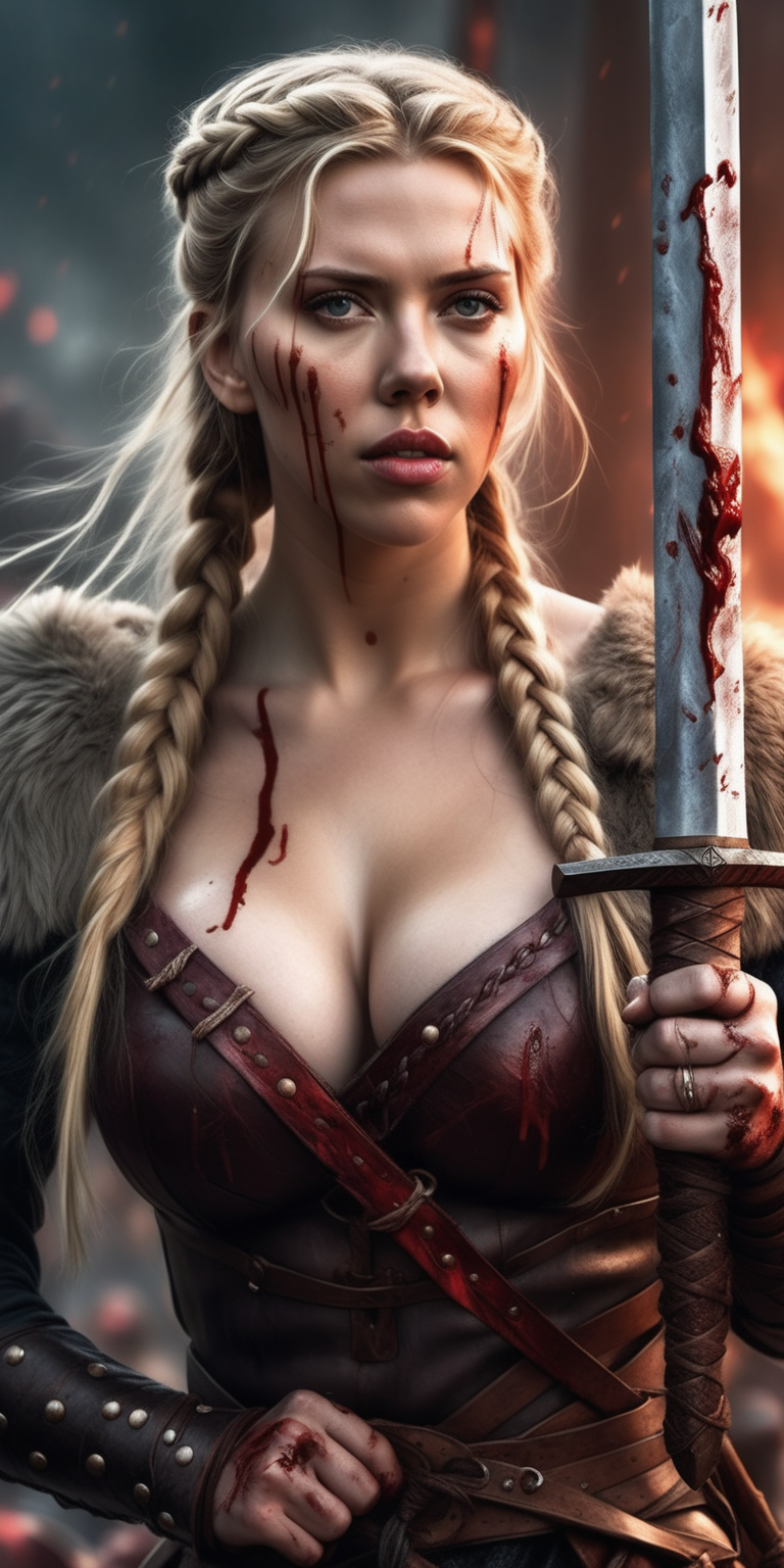 Scarlett Johansson as a very attractive female Viking warrior with blonde hair in a long braid, beautiful eyes, perfect body, face covered in blood, big breasts, nipping, NSFW, holding a bloody sword, magical glow around sword, battle in the background, hyper realistic, photo realistic detail