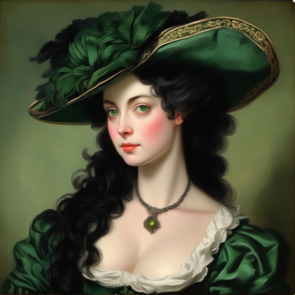 18th century gorgeous woman straight black hair deep green eyes hat