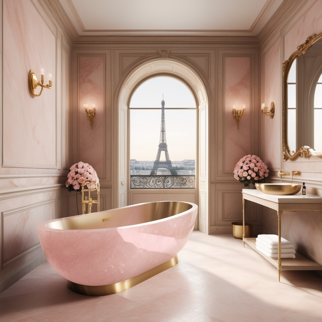 a hyperrealistic image of a Rose Quartz stone  bathtub in grand modern Parisian bathroom in a beige oak brass colour palette 