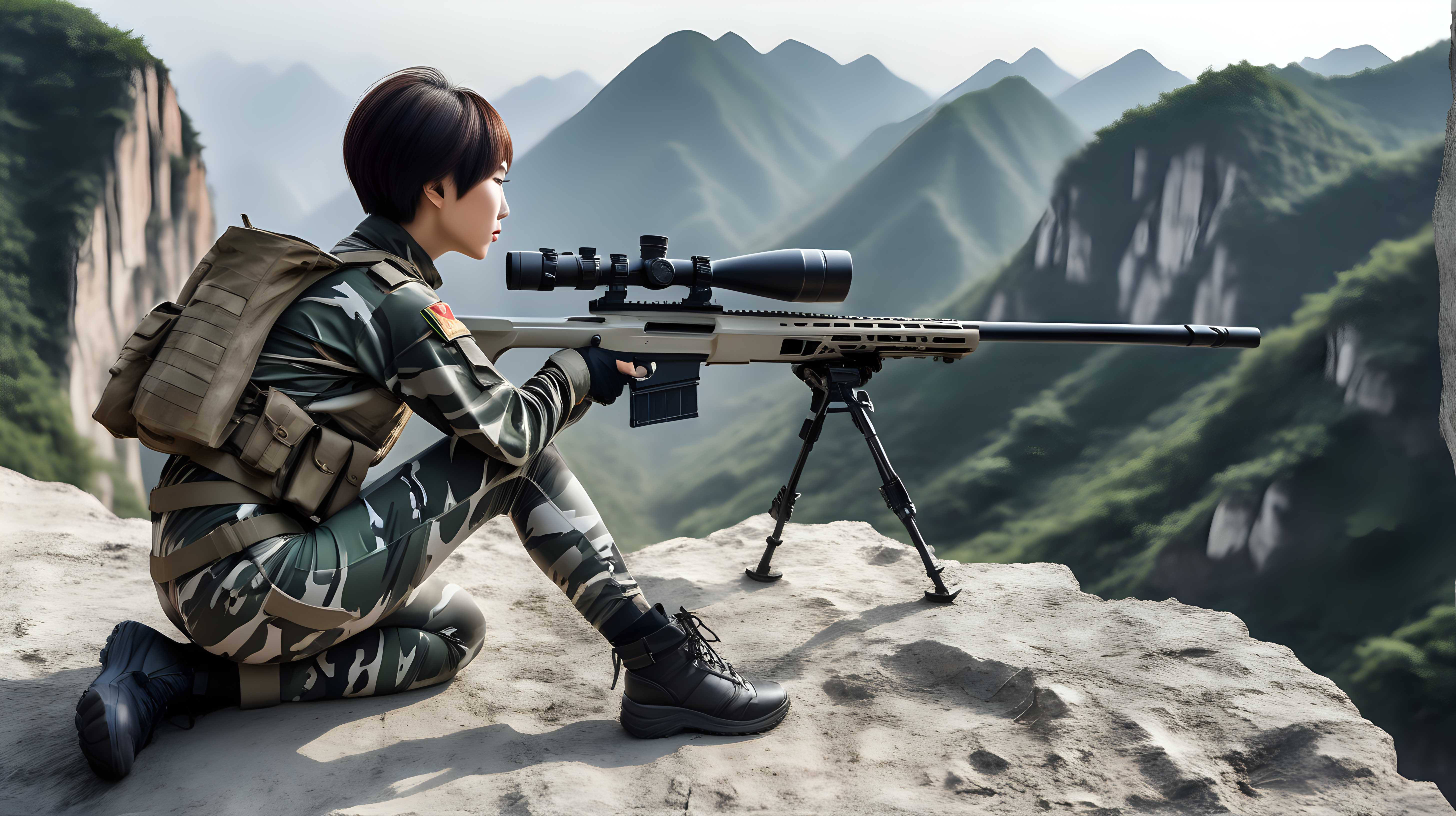 中国女兵
短发
迷彩紧身裤
趴在悬崖边上
用巴雷特狙击枪瞄准
侧后视角