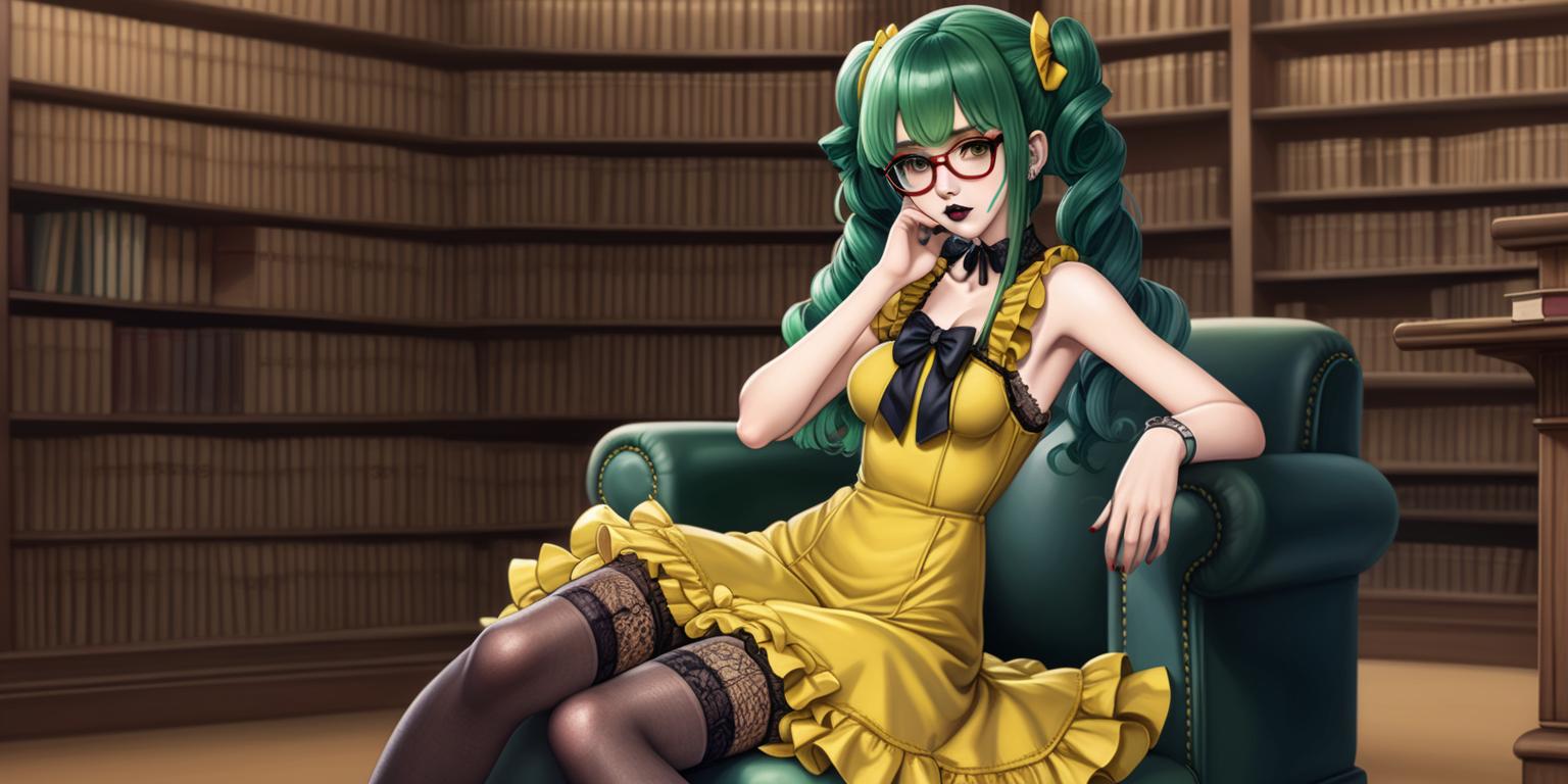 Anime woman with dark green hair and large lips with dark lipstick and heavy makeup wearing a frilly yellow dress, stockings, yellow heeled mary jane shoes, lots of bows and lace, wearing glasses. sitting in a library. Vacant expression, slight smile