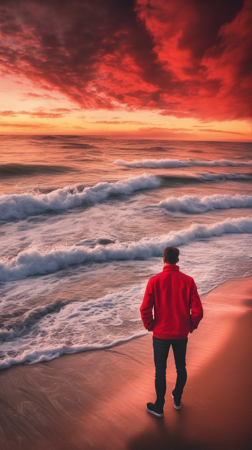 Man standing on the beach, red jacket, looking at the sunset and beautiful sea waves, red clouds, very beautiful