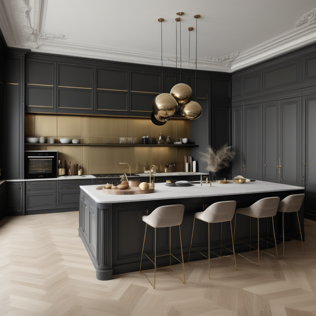 hyperrealistic image of a large modern Parisian kitchen with island; wall panelling; beige, oak, brass and dark-grey colour palette