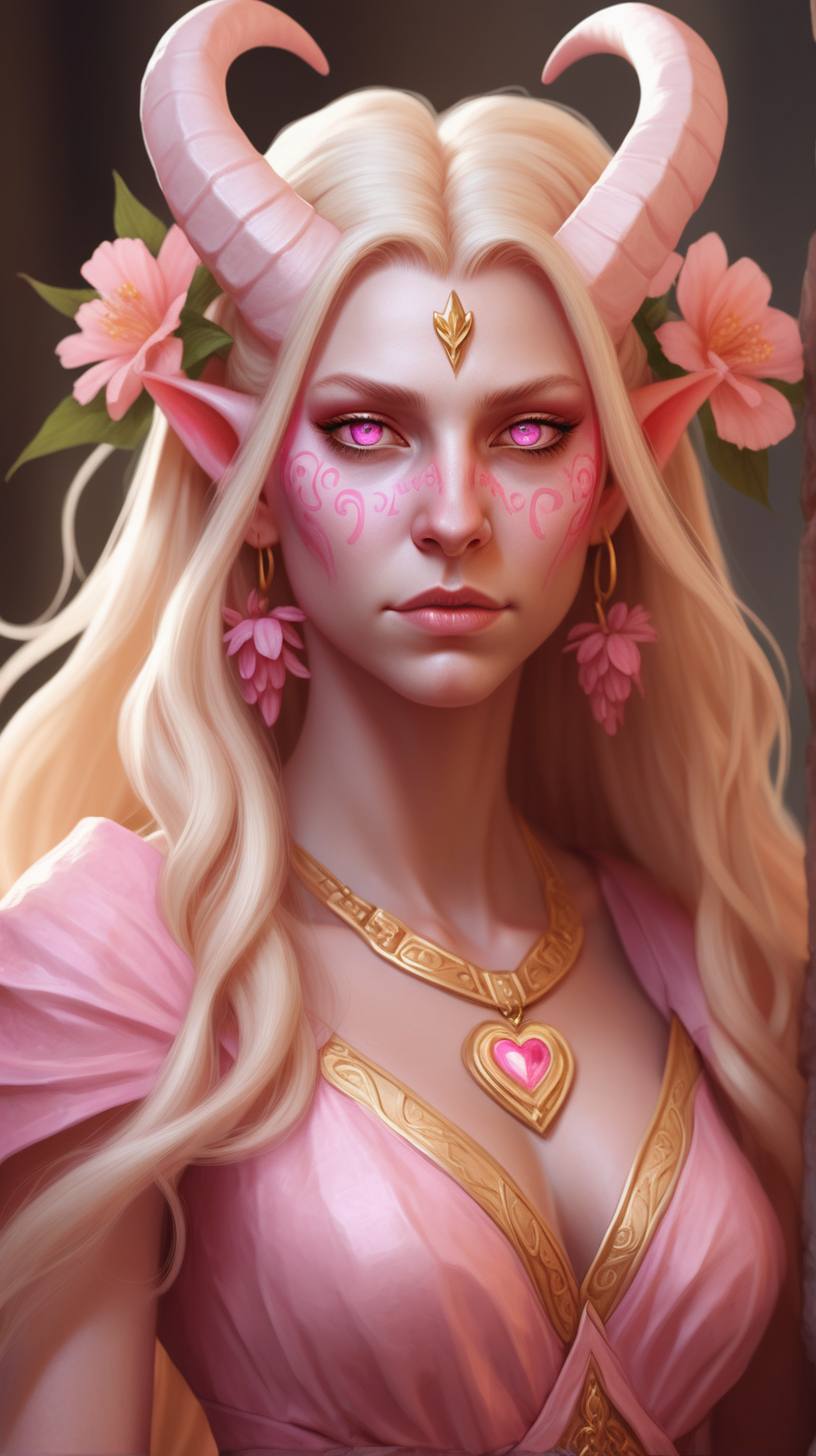 Tiefling woman with pink skin. She has white horns that meet at the top of her head to form a heart. She has light pink eyes. She has light blonde eyelashes. Her eyelashes are not black. She has blonde long hair with a orange tint. She is wearing a pink Greek-style dress with lots of flowers. She is wearing gold jewelry. She is holding a bouquet of pink flowers. She has an annoyed expression. 
