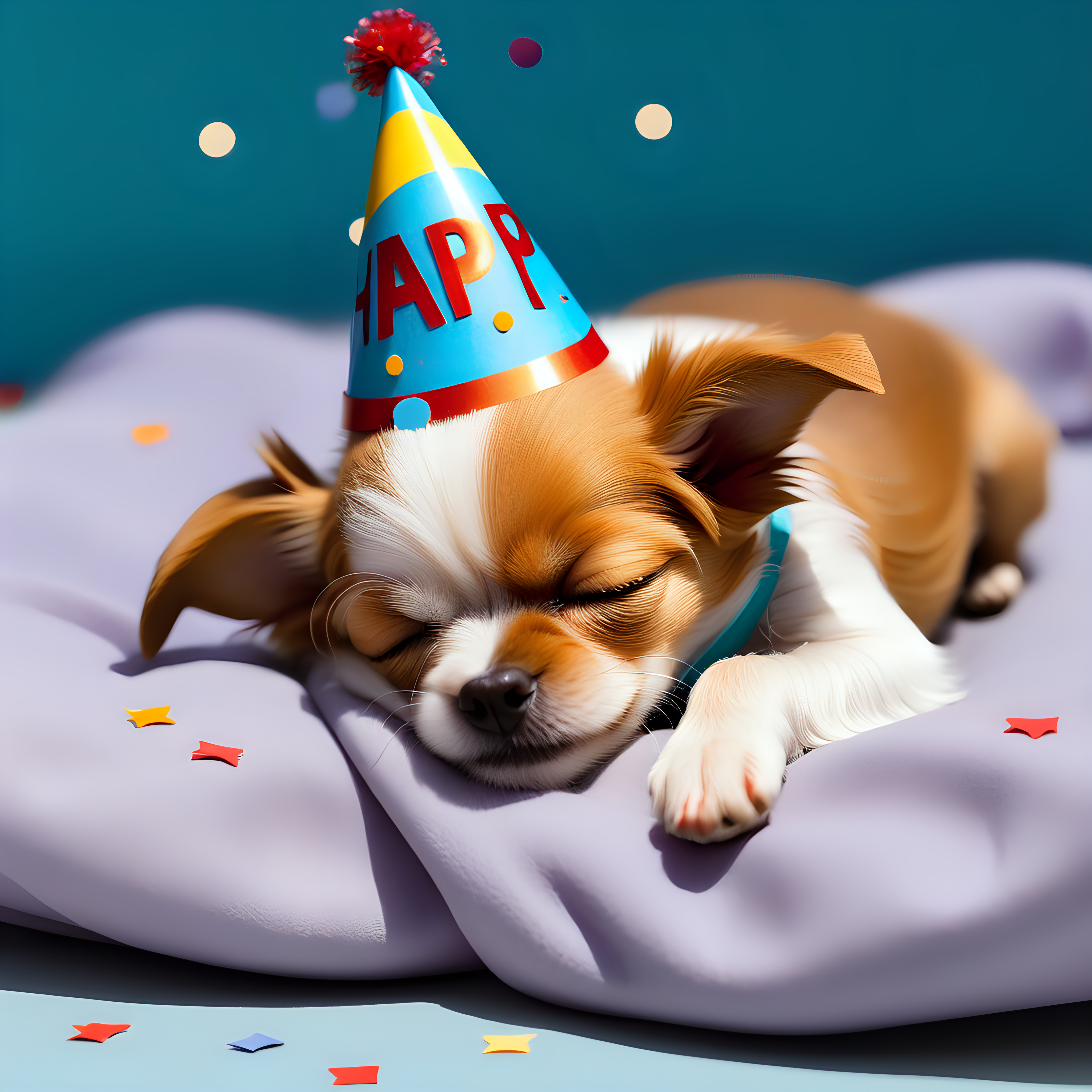 cute sleeping small dog with a birthday hat