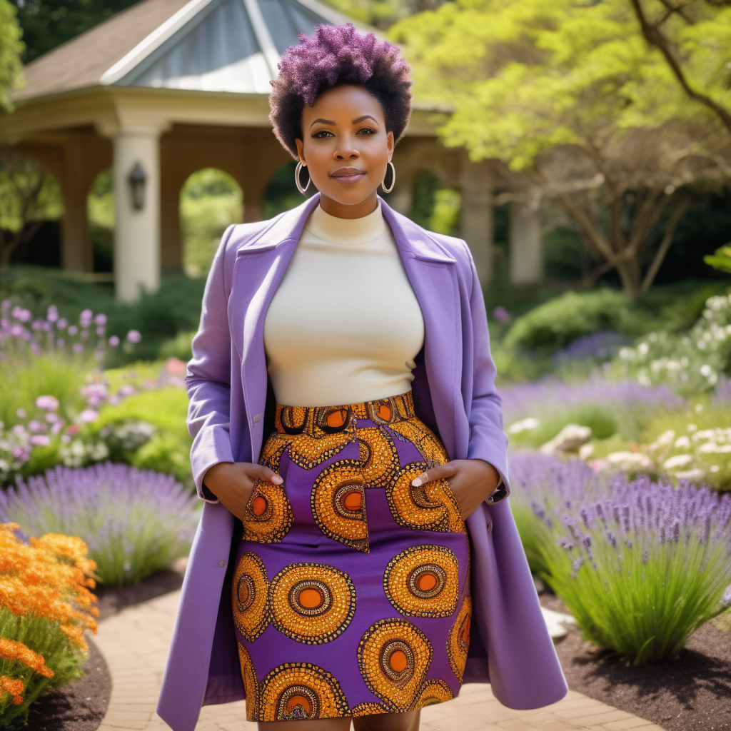 Beautiful, fit, Black woman, wearing short cut hair, wearing an African print Skirt, wearing a Lavender, waist length, swing coat with African print material in various areas of the garment, wearing a purple, knit dress shirt, wearing cream colored denim with African print material  inside the pockets,  Vibrant images that represent African heritage, In a lush colorful botanical garden, looking to the left, 4k, high definition, high resolution, sunny day light source from above center