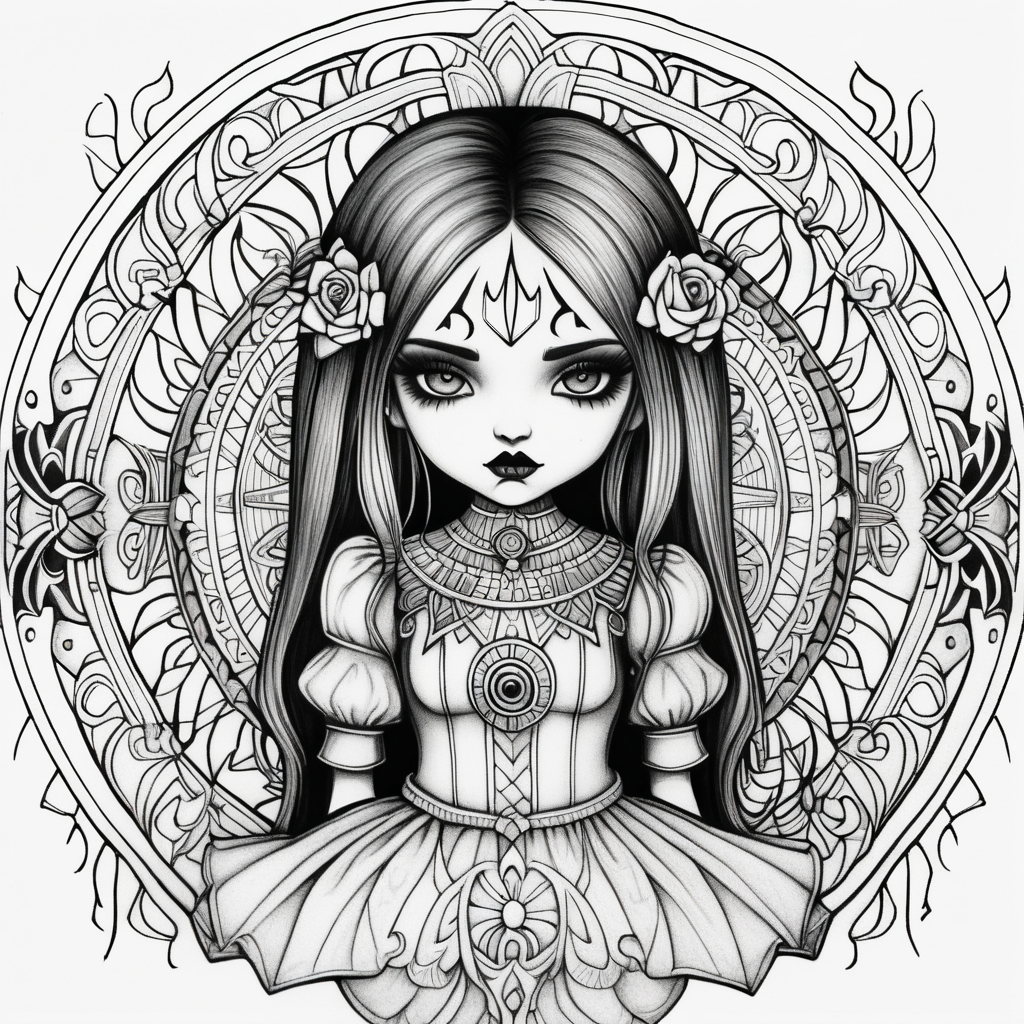 adult coloring page, black & white, strong lines, high details, symmetrical mandala, evil gothic girl doll full body